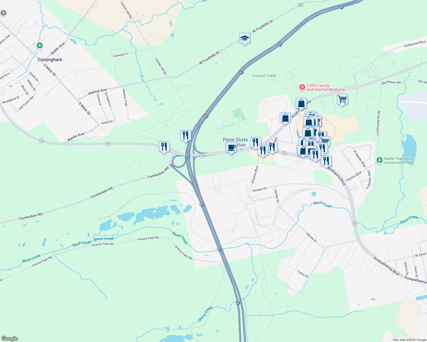 map of restaurants, bars, coffee shops, grocery stores, and more near 25 Oakland Street in Hazleton