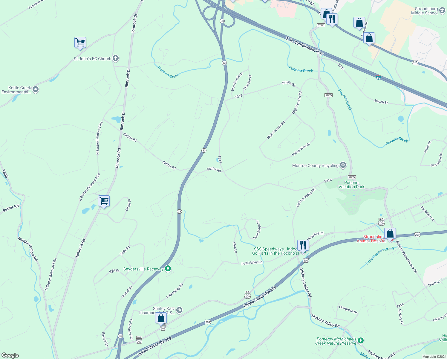 map of restaurants, bars, coffee shops, grocery stores, and more near 1305 Brislin Road in Stroudsburg