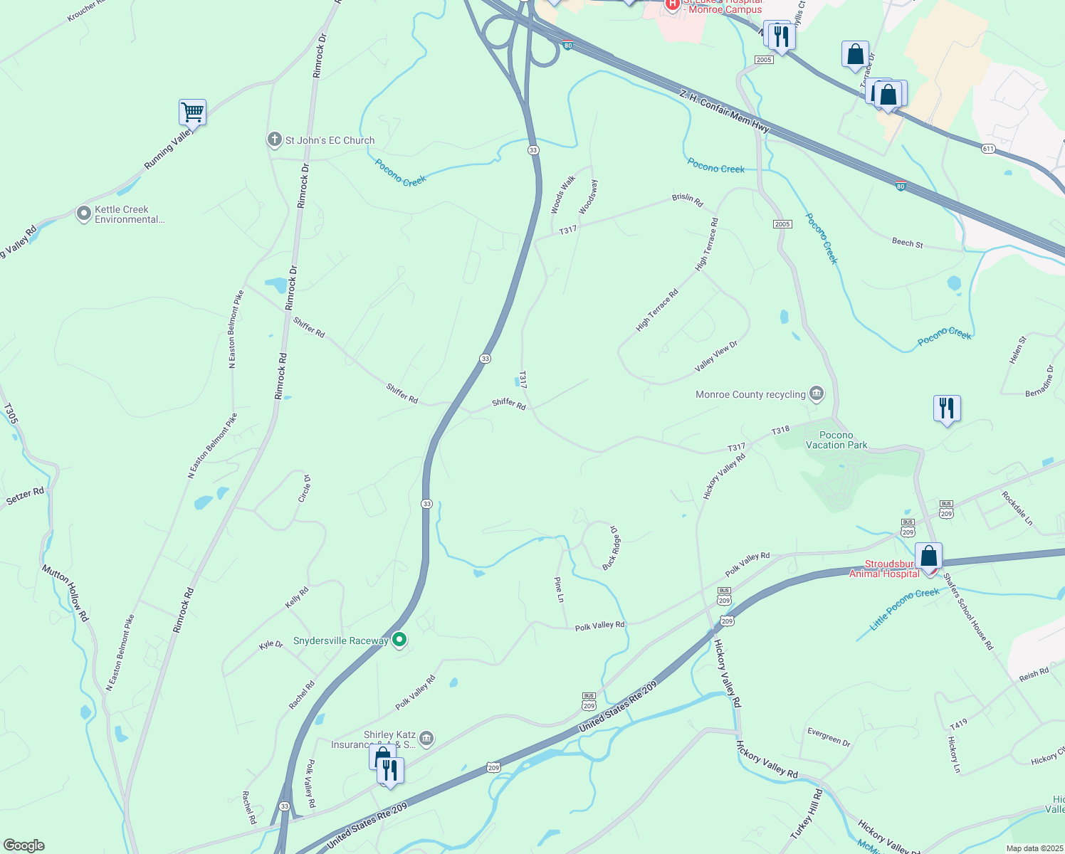 map of restaurants, bars, coffee shops, grocery stores, and more near 2265-2285 Brislin Road in Stroudsburg