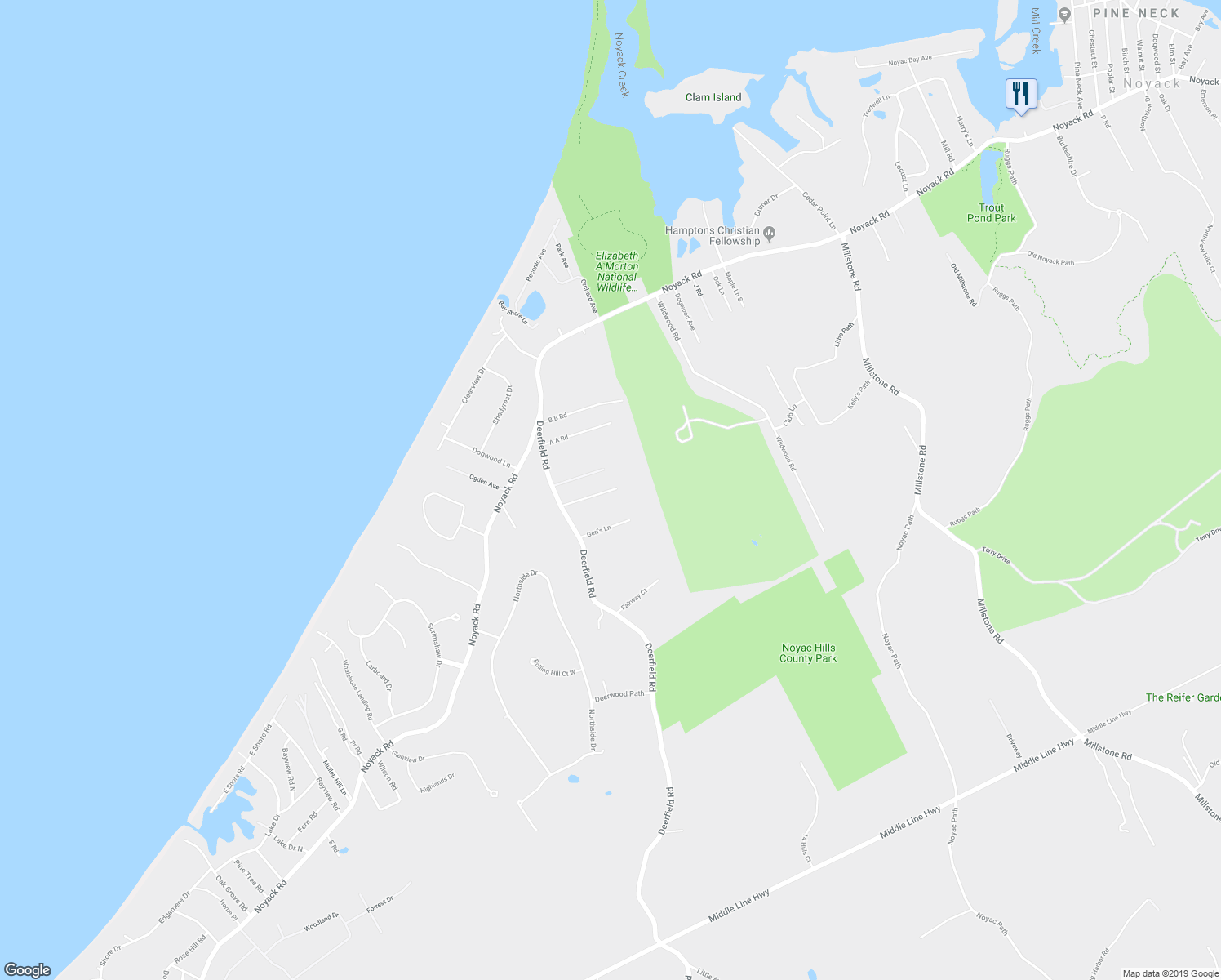 map of restaurants, bars, coffee shops, grocery stores, and more near 2765 Deerfield Road in Sag Harbor