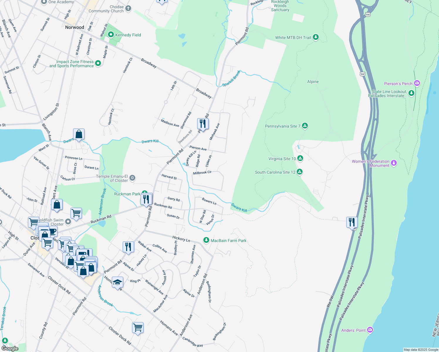 map of restaurants, bars, coffee shops, grocery stores, and more near 126 Millbrook Circle in Norwood