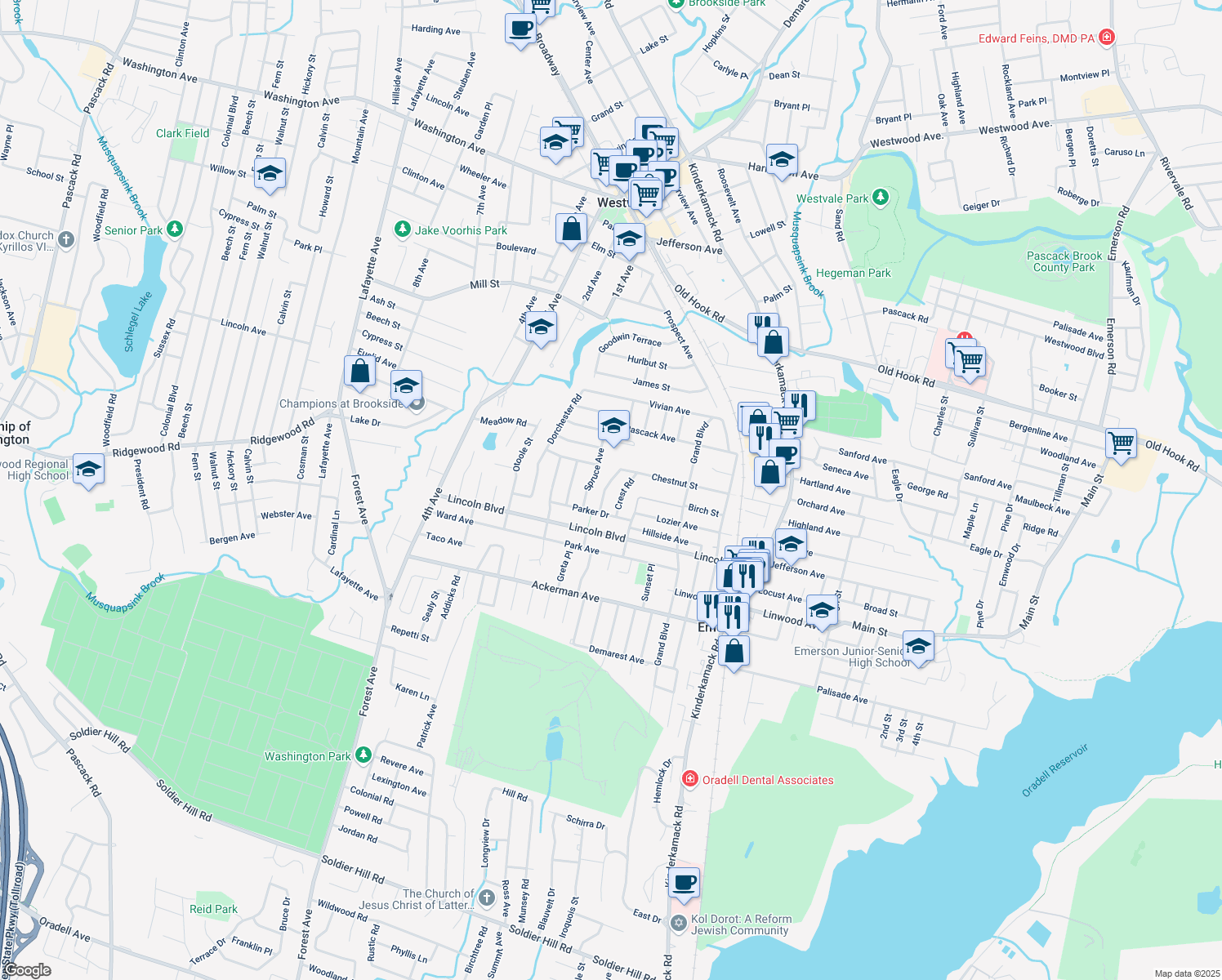 map of restaurants, bars, coffee shops, grocery stores, and more near 27 Overlook Ave in Emerson