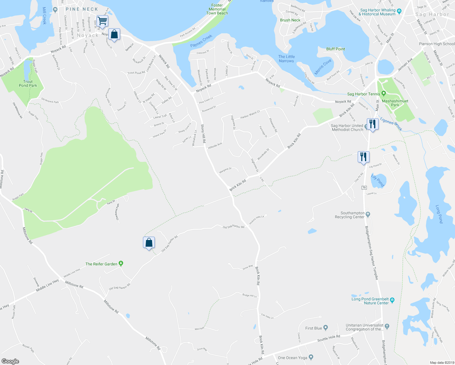 map of restaurants, bars, coffee shops, grocery stores, and more near 158 Stony Hill Road in Sag Harbor