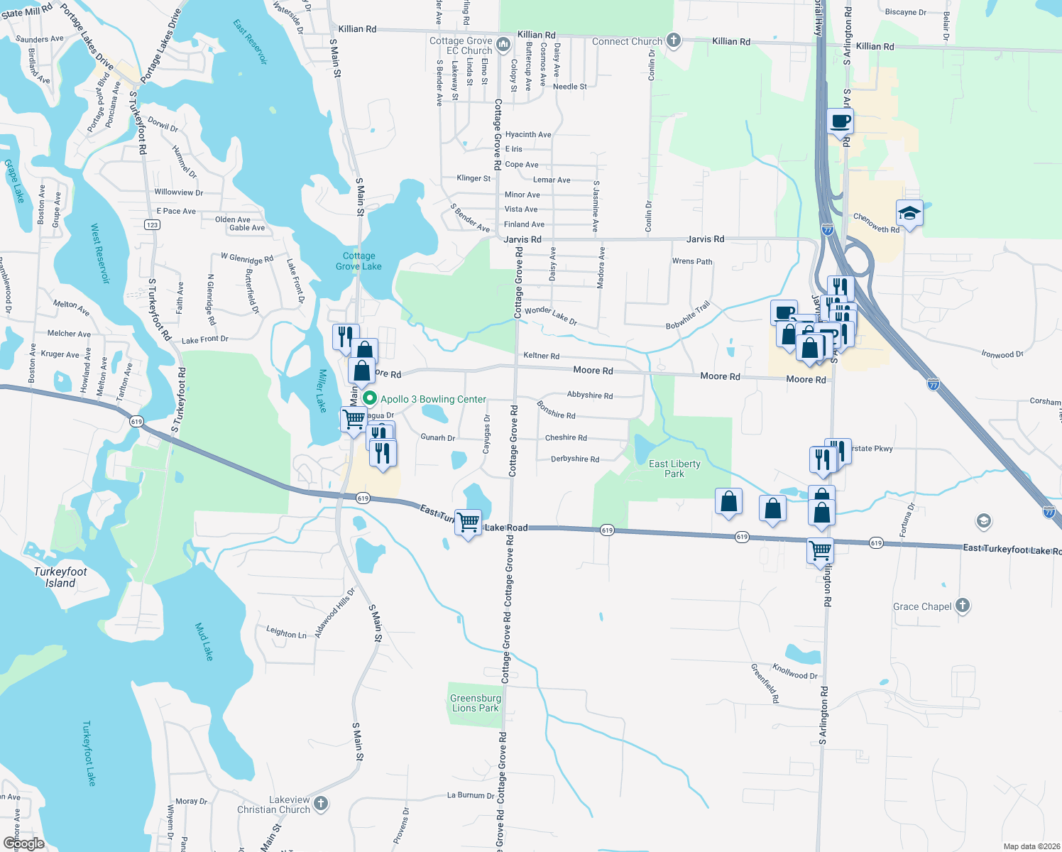 map of restaurants, bars, coffee shops, grocery stores, and more near 3714 Eddishire Rd in Akron