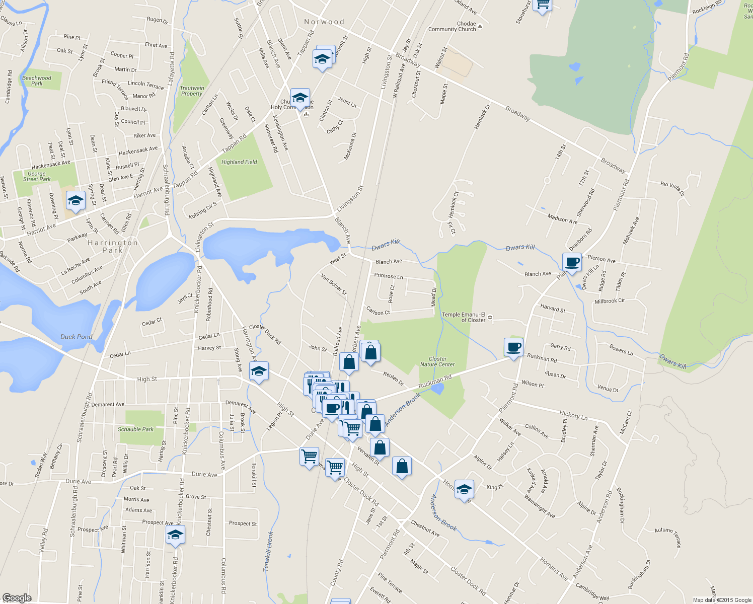 map of restaurants, bars, coffee shops, grocery stores, and more near 46 Asmus Road in Closter