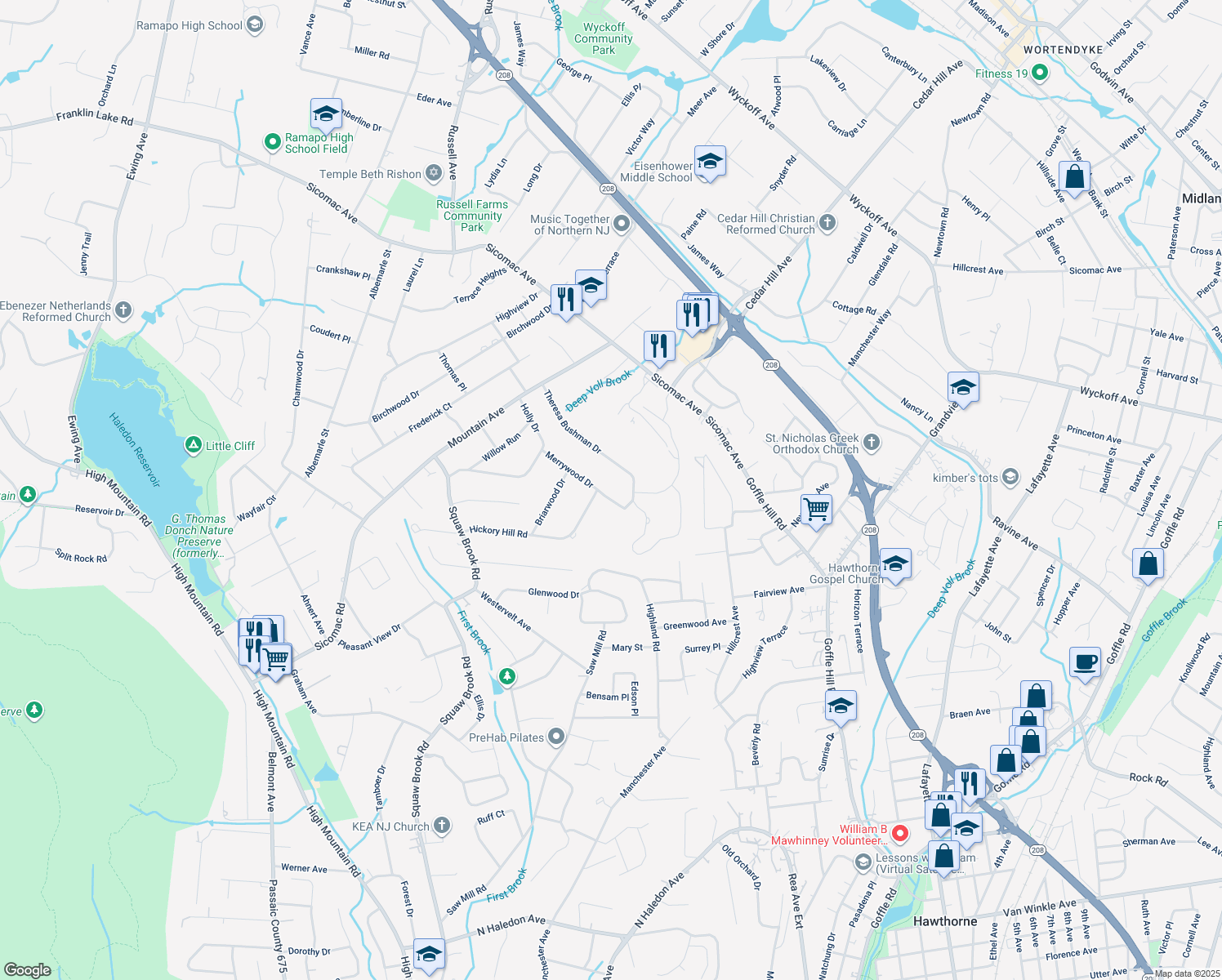 map of restaurants, bars, coffee shops, grocery stores, and more near 292 Merrywood Dr in Wyckoff