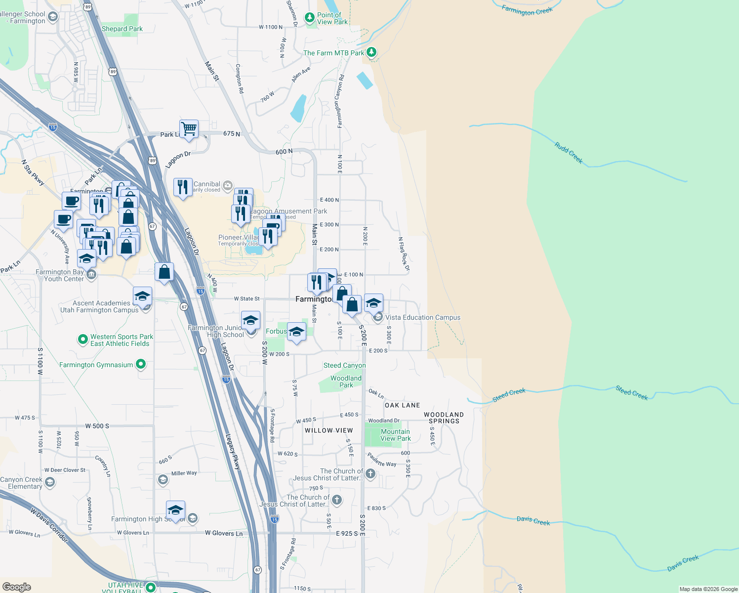 map of restaurants, bars, coffee shops, grocery stores, and more near 12 North 200 East in Farmington