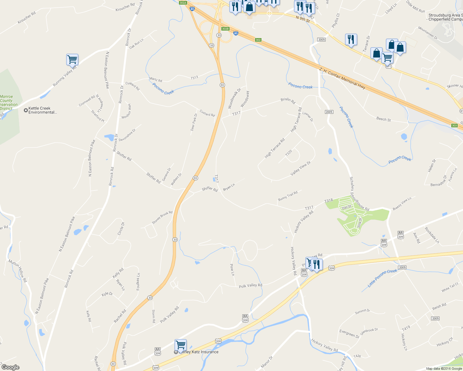 map of restaurants, bars, coffee shops, grocery stores, and more near Bryan Lane in Stroudsburg