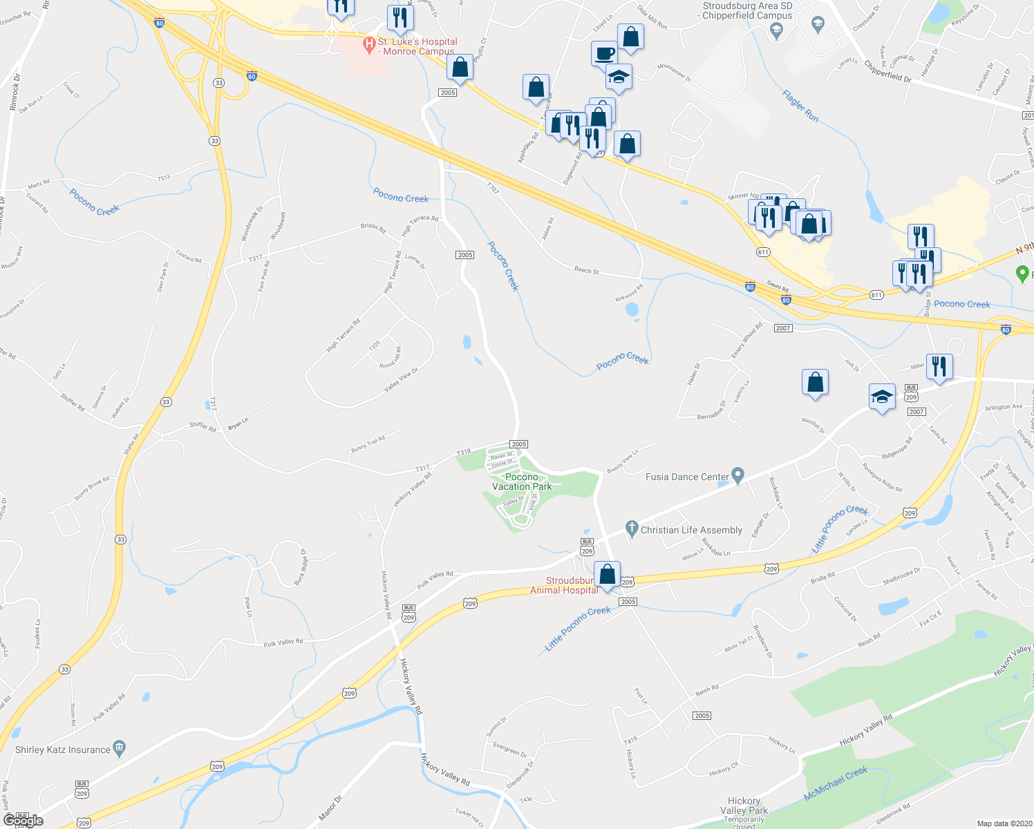 map of restaurants, bars, coffee shops, grocery stores, and more near Schafers Schoolhouse Road in Stroudsburg