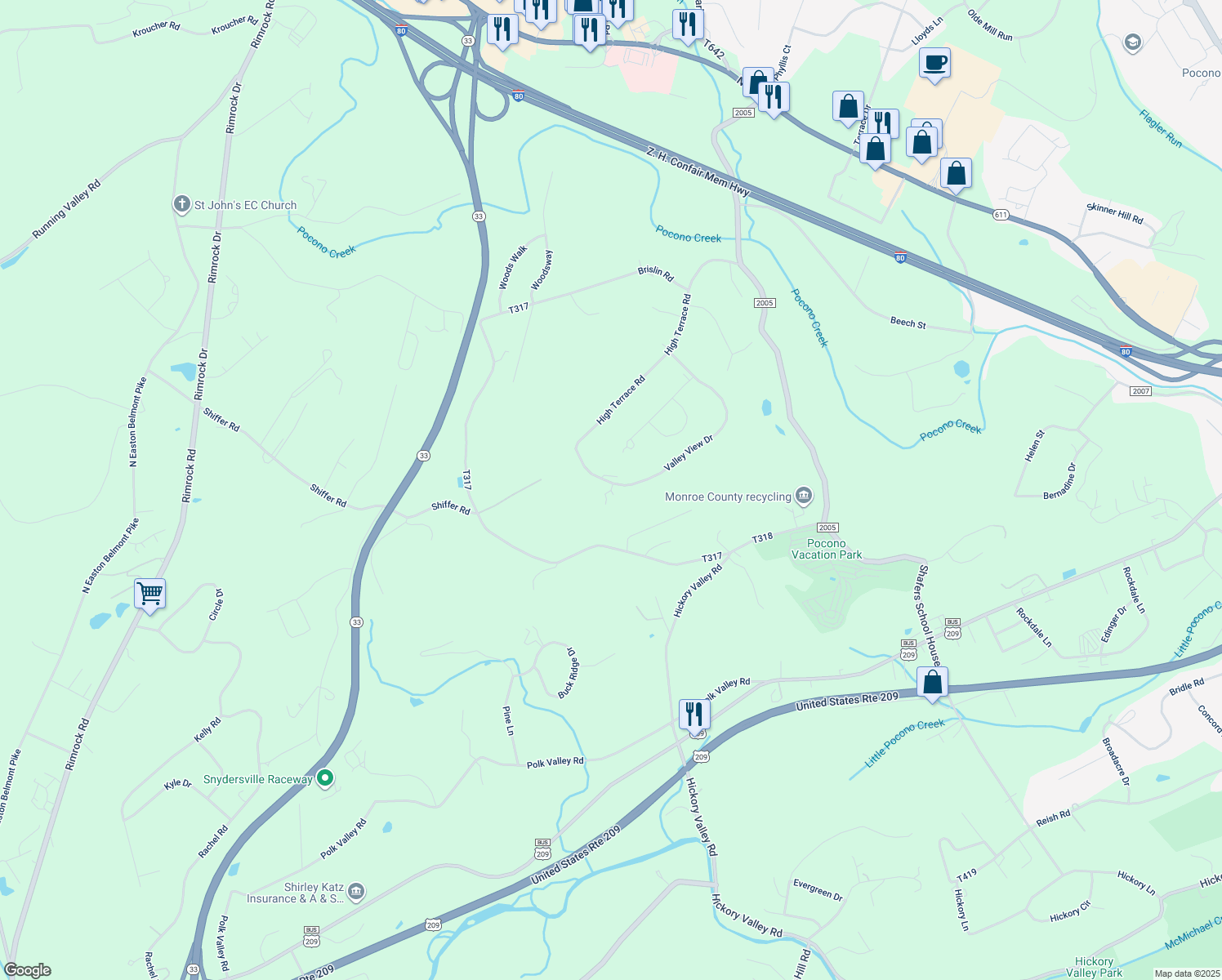 map of restaurants, bars, coffee shops, grocery stores, and more near Valley View Court in Monroe County