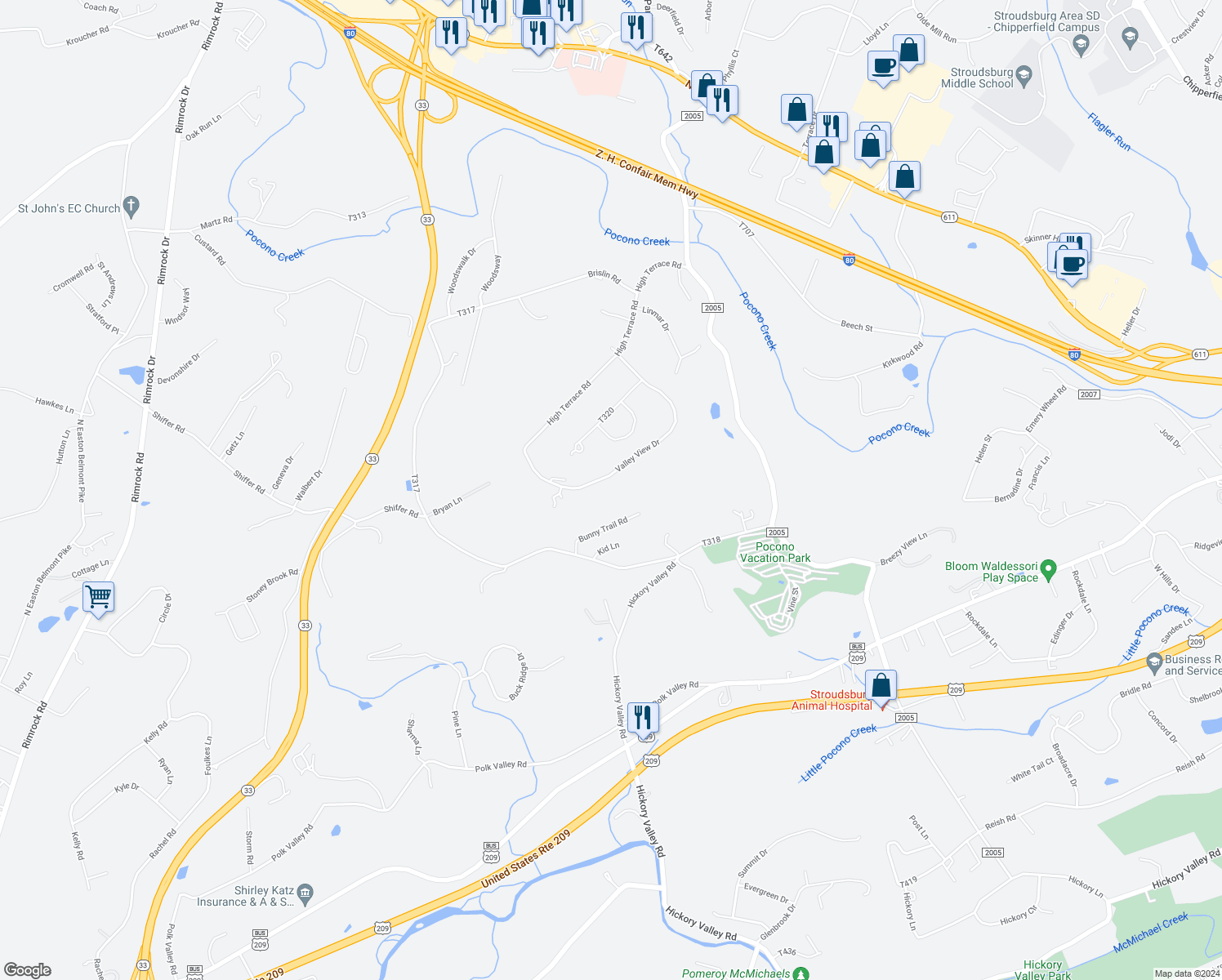map of restaurants, bars, coffee shops, grocery stores, and more near 312 Valley View Drive in Stroudsburg