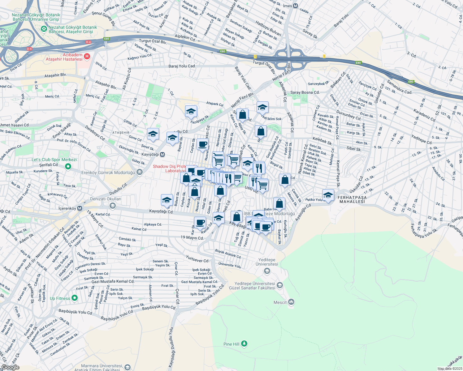map of restaurants, bars, coffee shops, grocery stores, and more near 34 Rumeli Caddesi in Ataşehir