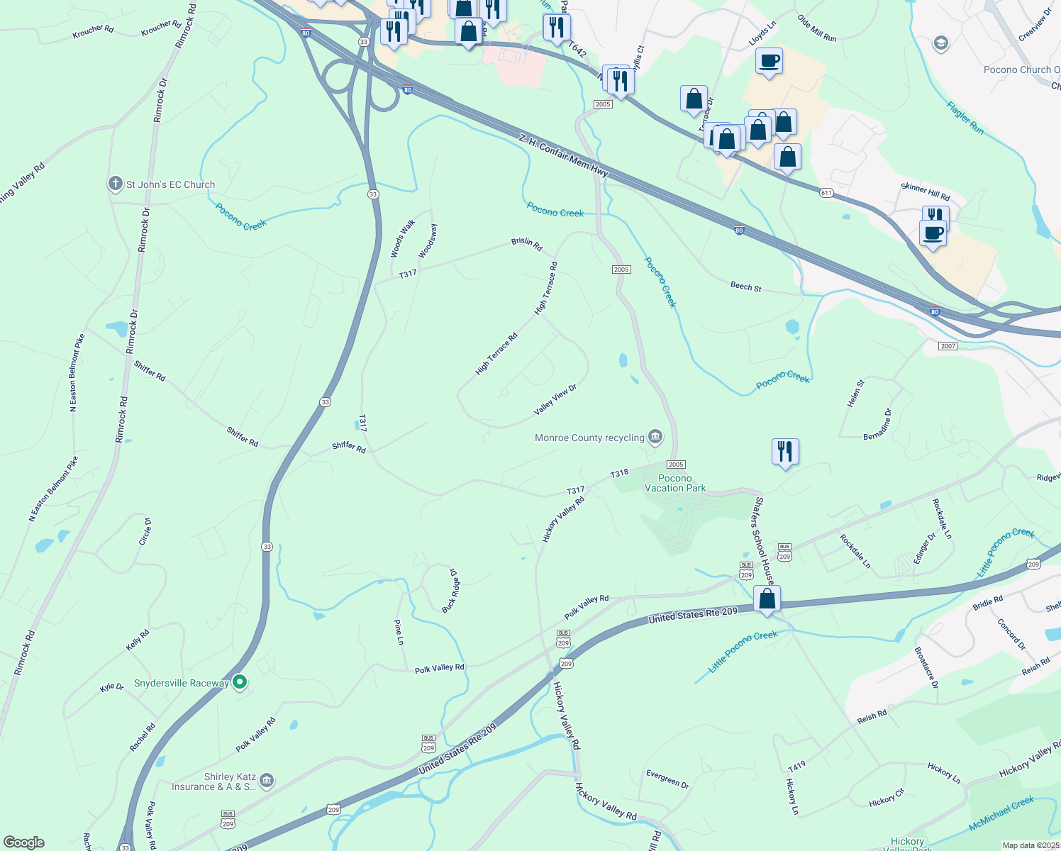 map of restaurants, bars, coffee shops, grocery stores, and more near 312 Valley View Drive in Stroudsburg
