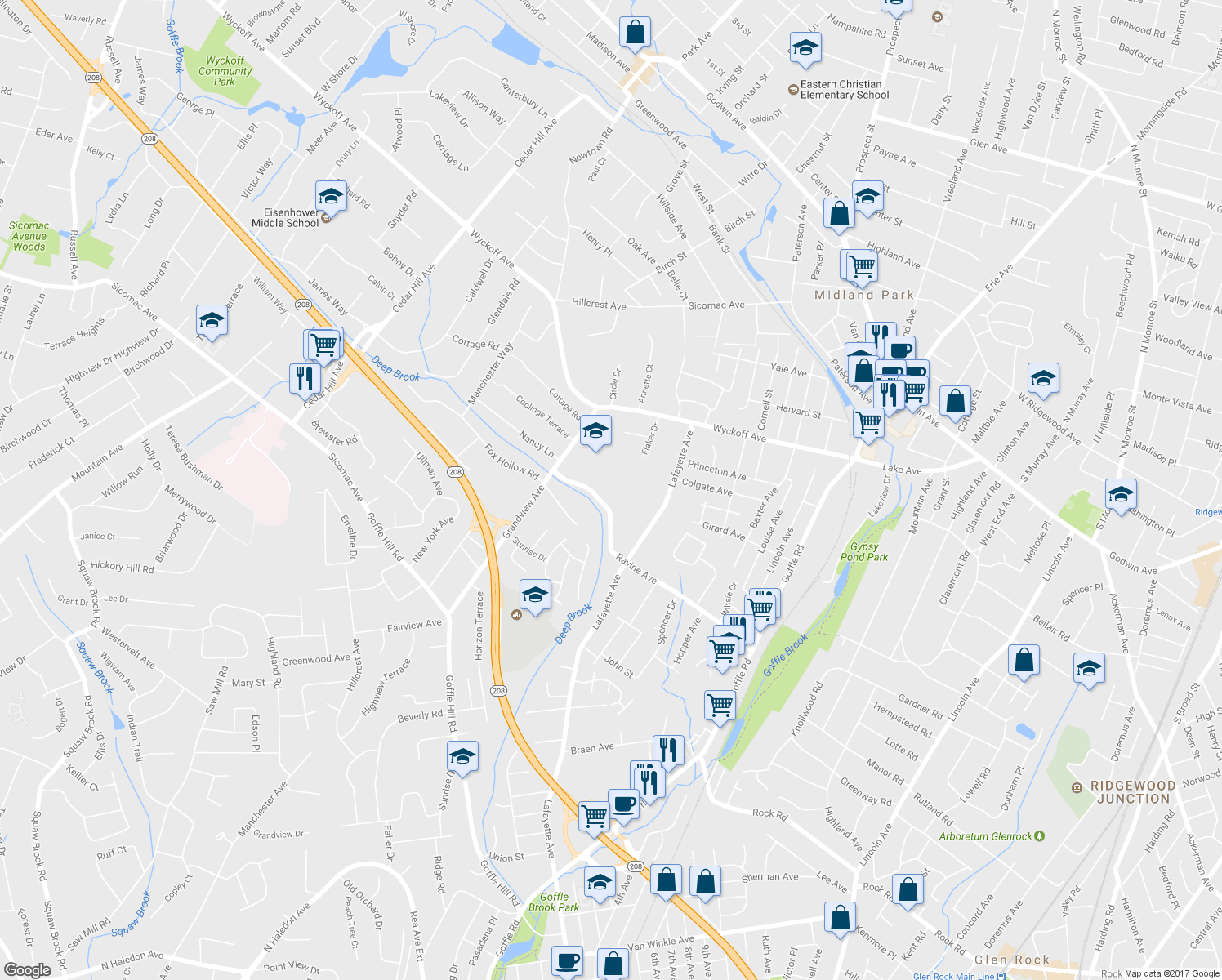 map of restaurants, bars, coffee shops, grocery stores, and more near 130 Ravine Avenue in Wyckoff