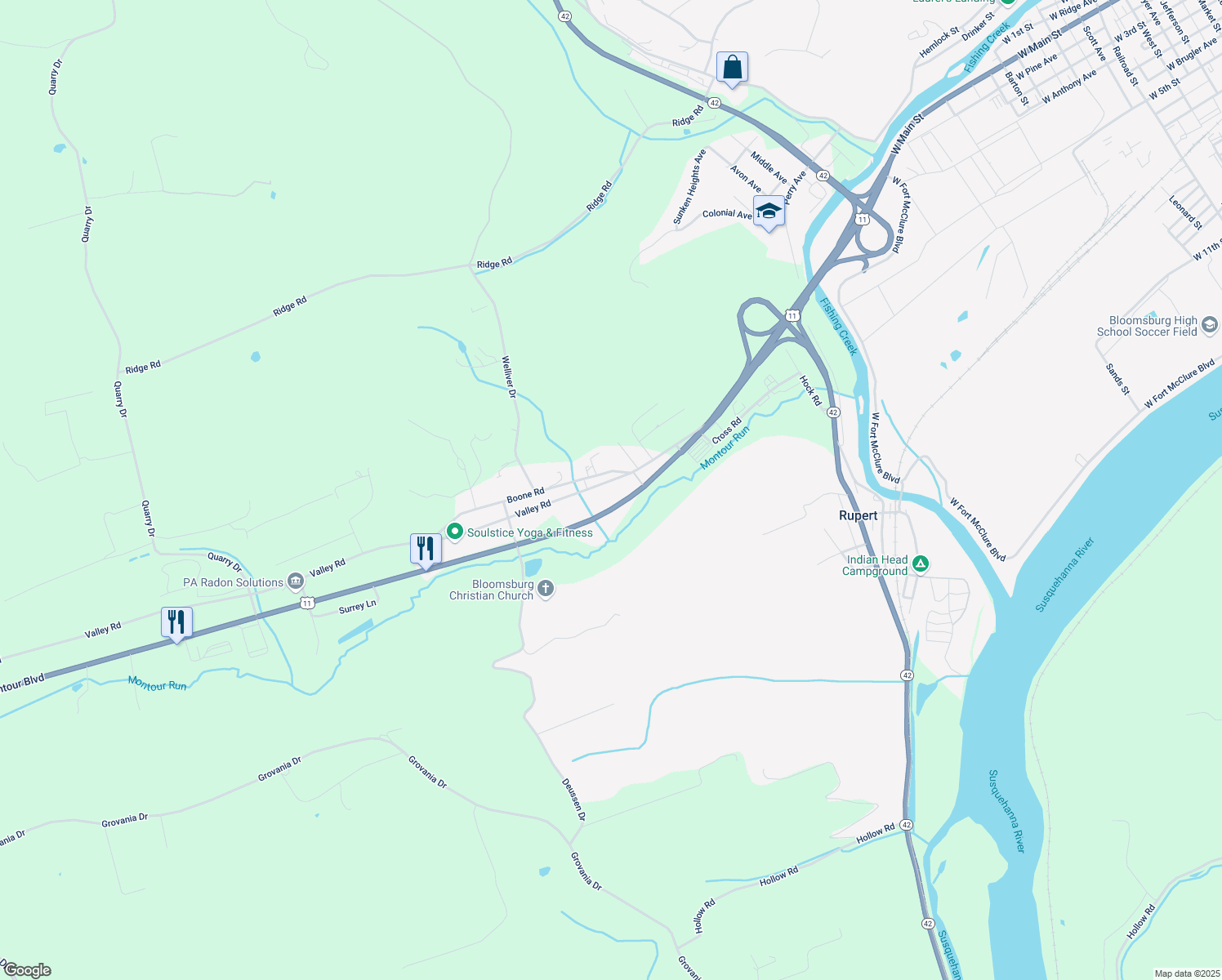 map of restaurants, bars, coffee shops, grocery stores, and more near 220 Valley Rd in Bloomsburg
