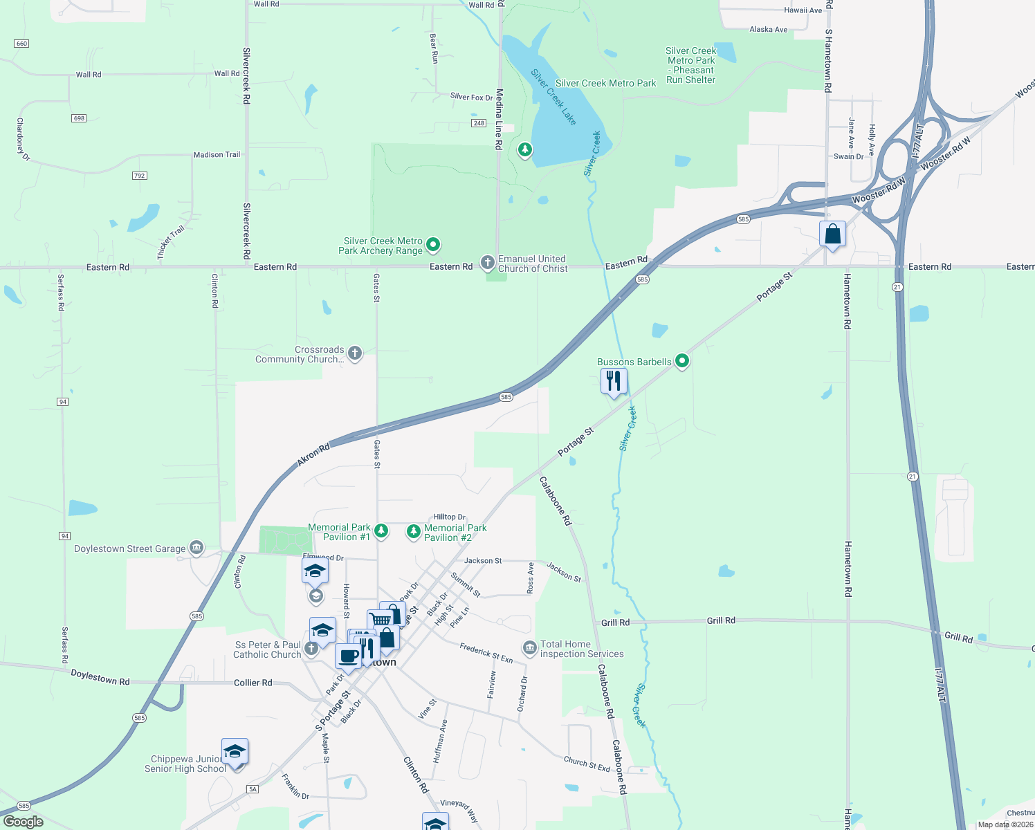 map of restaurants, bars, coffee shops, grocery stores, and more near 582 Silver Creek Drive in Doylestown