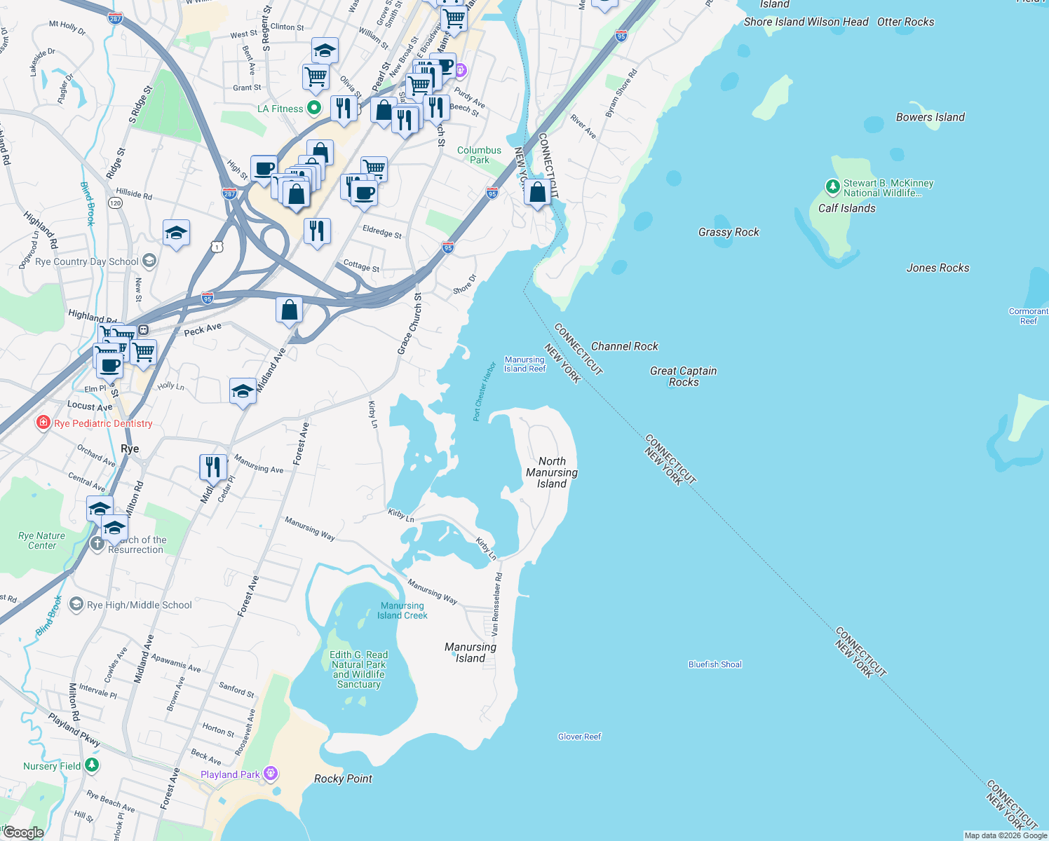 map of restaurants, bars, coffee shops, grocery stores, and more near N Island Dr in Rye