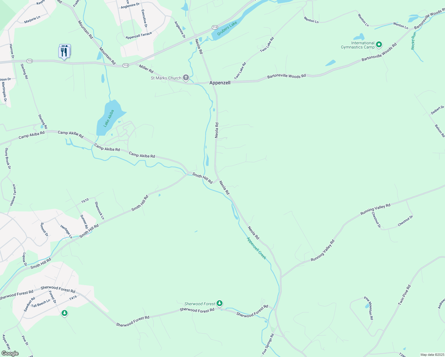 map of restaurants, bars, coffee shops, grocery stores, and more near 6002 Neola Road in Stroudsburg