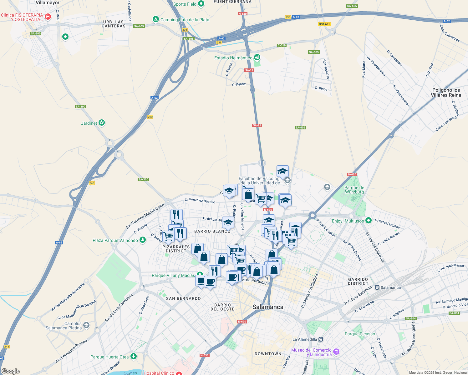 map of restaurants, bars, coffee shops, grocery stores, and more near Calle Moreruela in Salamanca