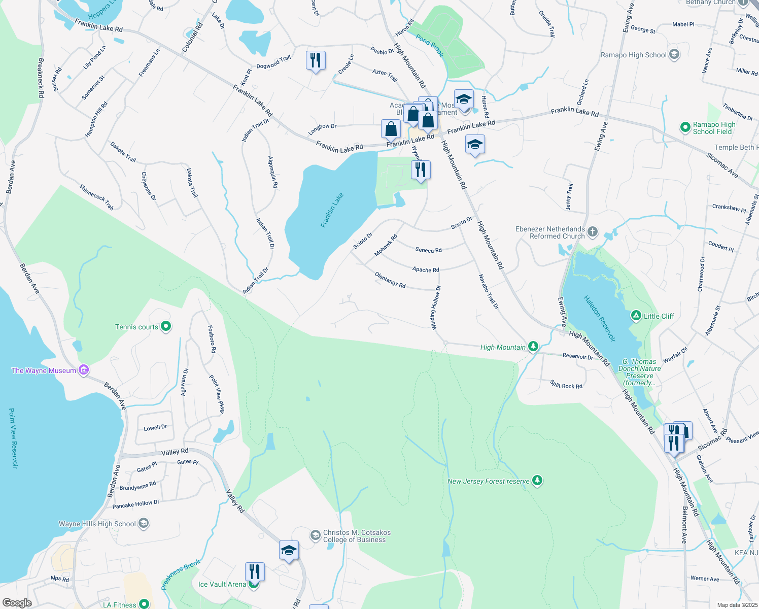 map of restaurants, bars, coffee shops, grocery stores, and more near 903 Cherokee Lane in Franklin Lakes