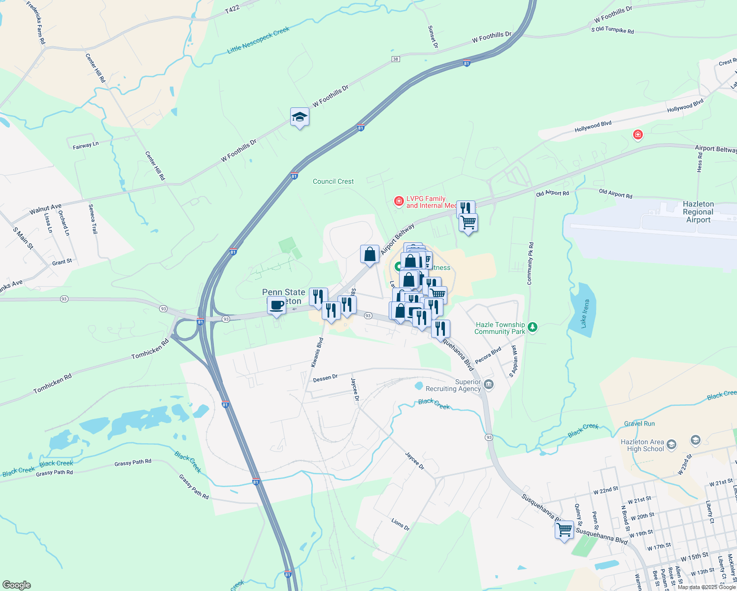 map of restaurants, bars, coffee shops, grocery stores, and more near 24 South Hollywood Boulevard in Hazleton