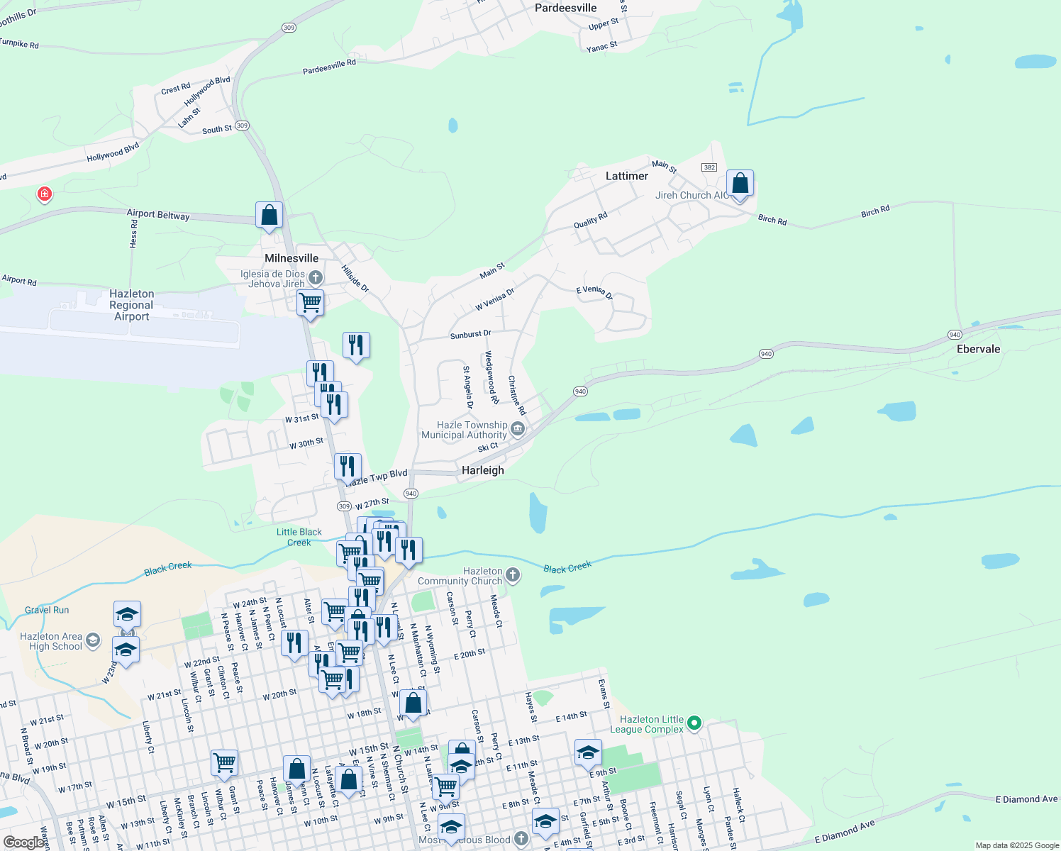 map of restaurants, bars, coffee shops, grocery stores, and more near Harleigh Boulevard in Hazleton