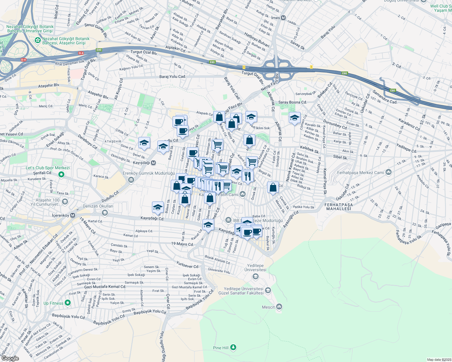 map of restaurants, bars, coffee shops, grocery stores, and more near 34 Rumeli Caddesi in Ataşehir