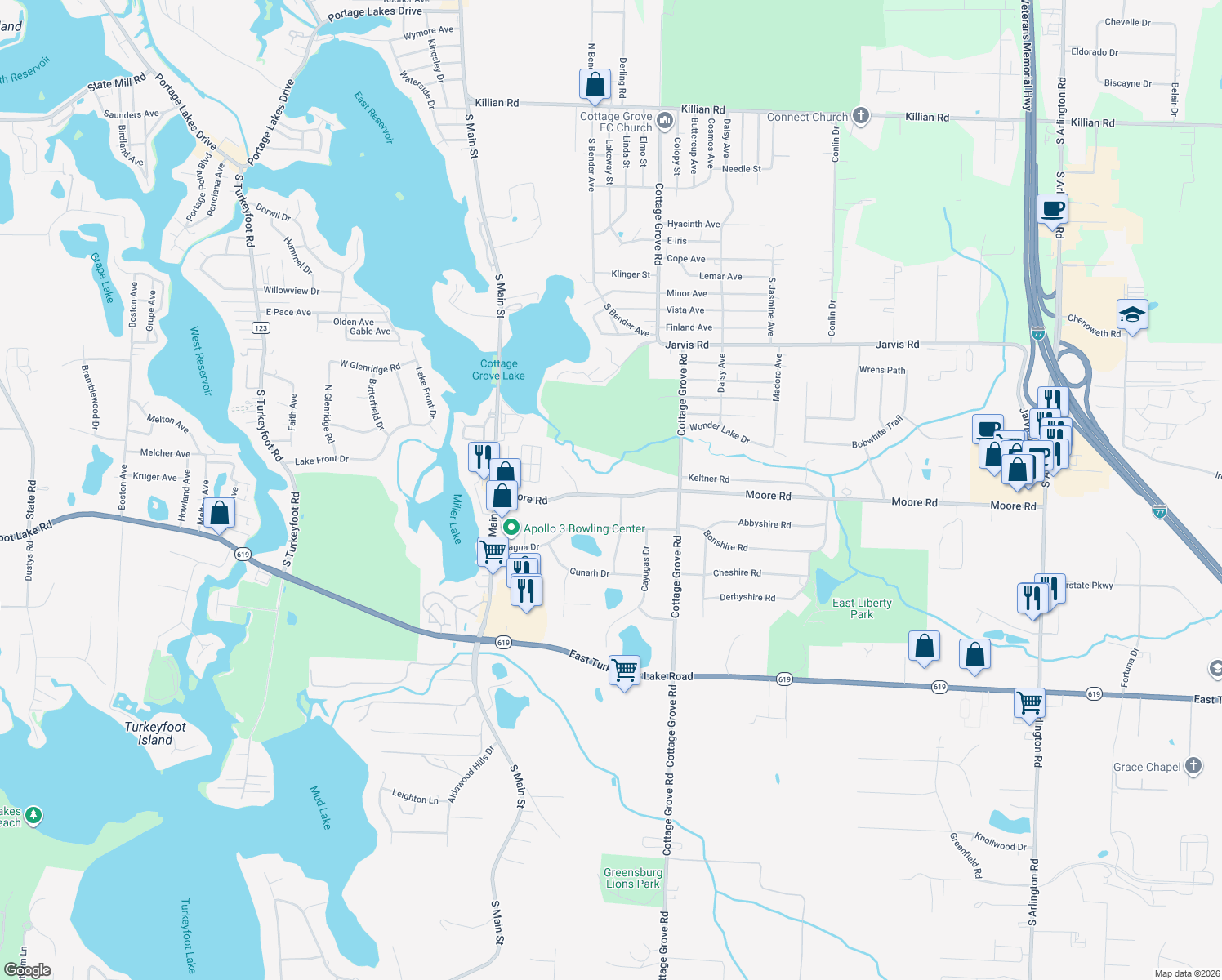 map of restaurants, bars, coffee shops, grocery stores, and more near 173 Moore Road in Akron
