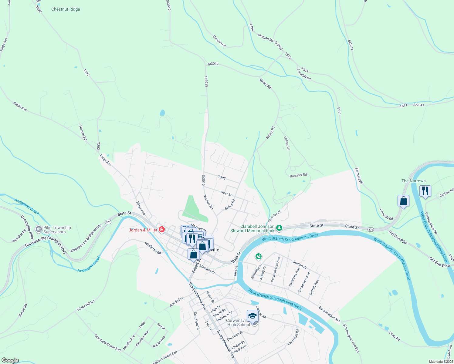 map of restaurants, bars, coffee shops, grocery stores, and more near 190 Mary Ln in Curwensville