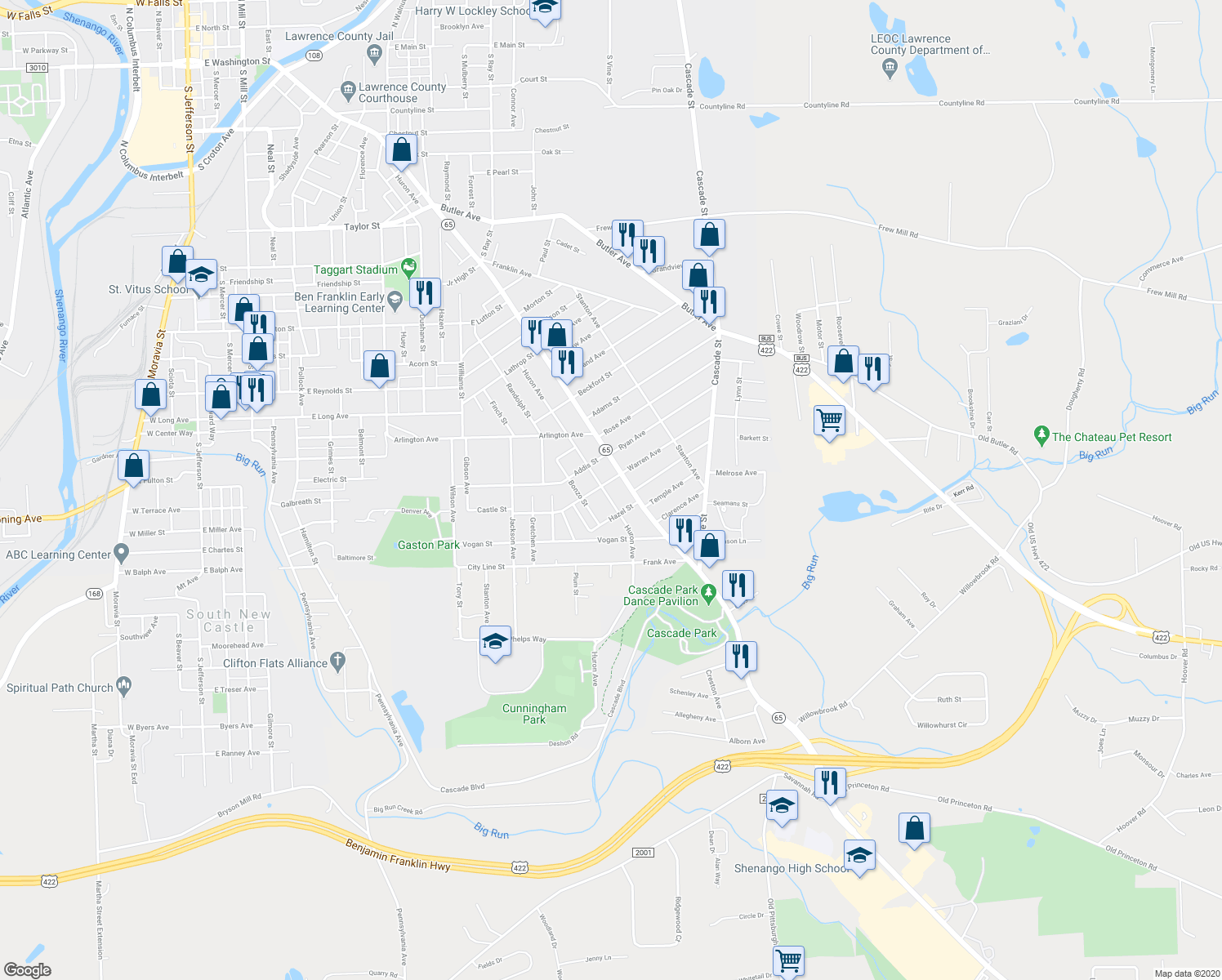 map of restaurants, bars, coffee shops, grocery stores, and more near 1605 Huron Avenue in New Castle