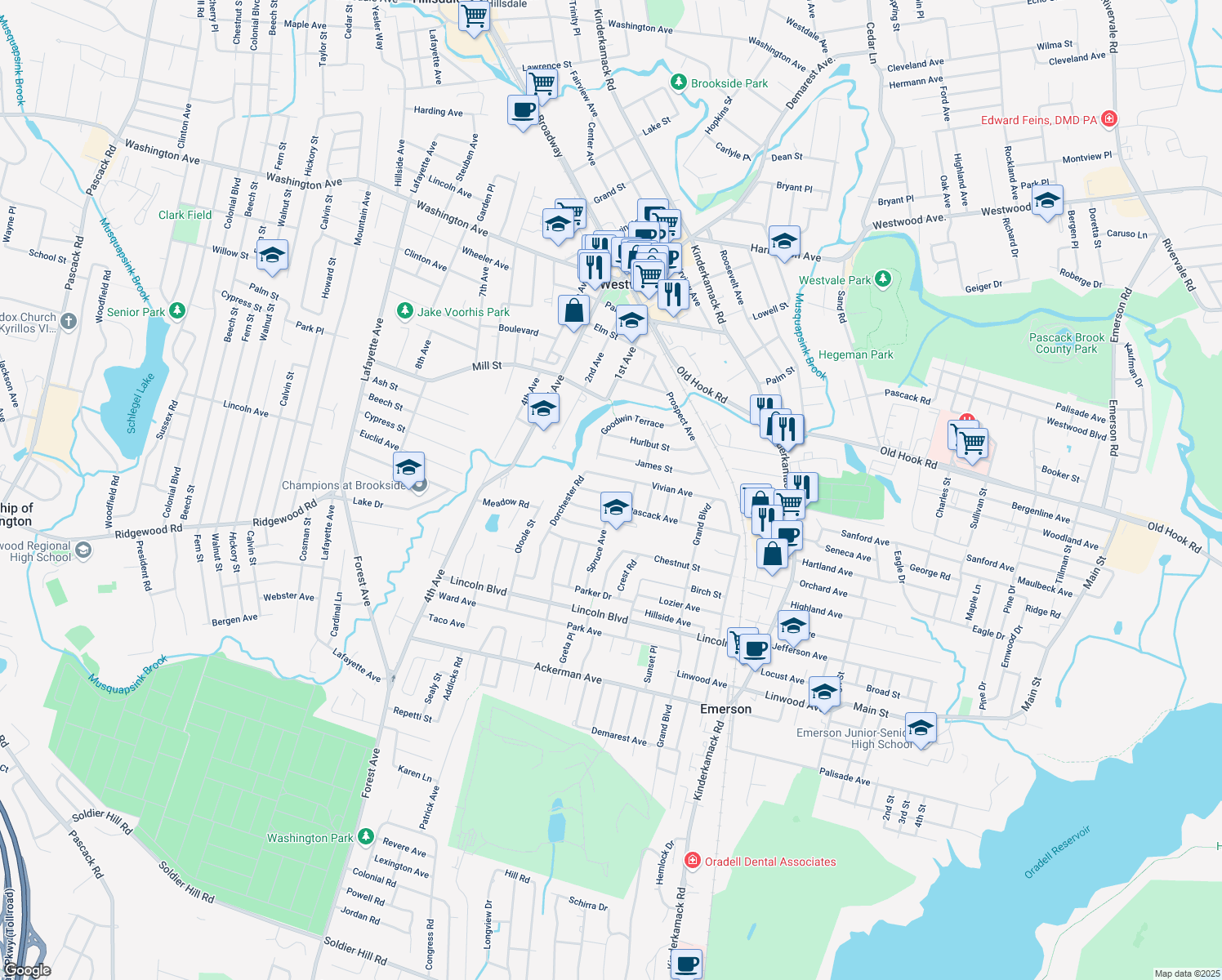 map of restaurants, bars, coffee shops, grocery stores, and more near 24 Chandler Drive in Emerson