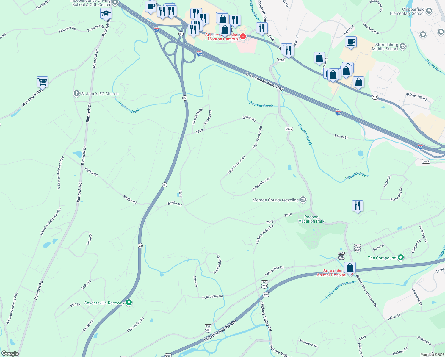 map of restaurants, bars, coffee shops, grocery stores, and more near 5123 High Terrace Rd in Stroudsburg