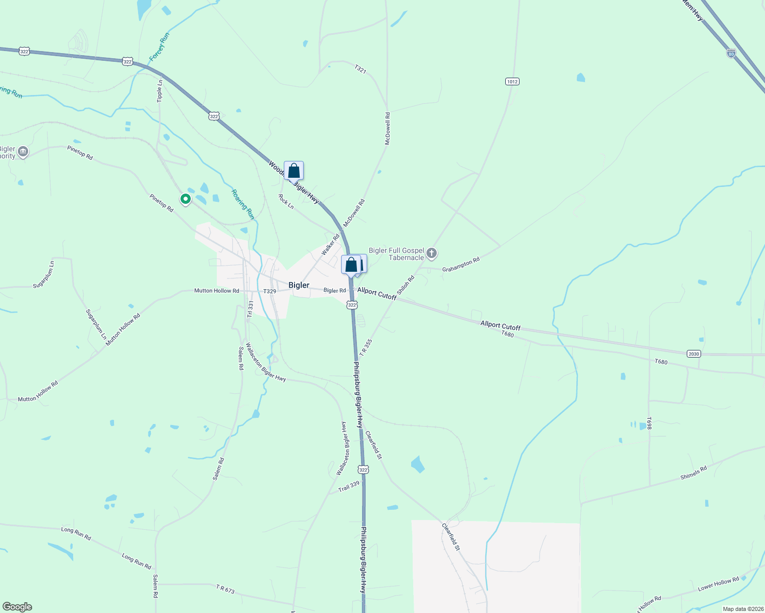 map of restaurants, bars, coffee shops, grocery stores, and more near 263 Green Road in Bigler