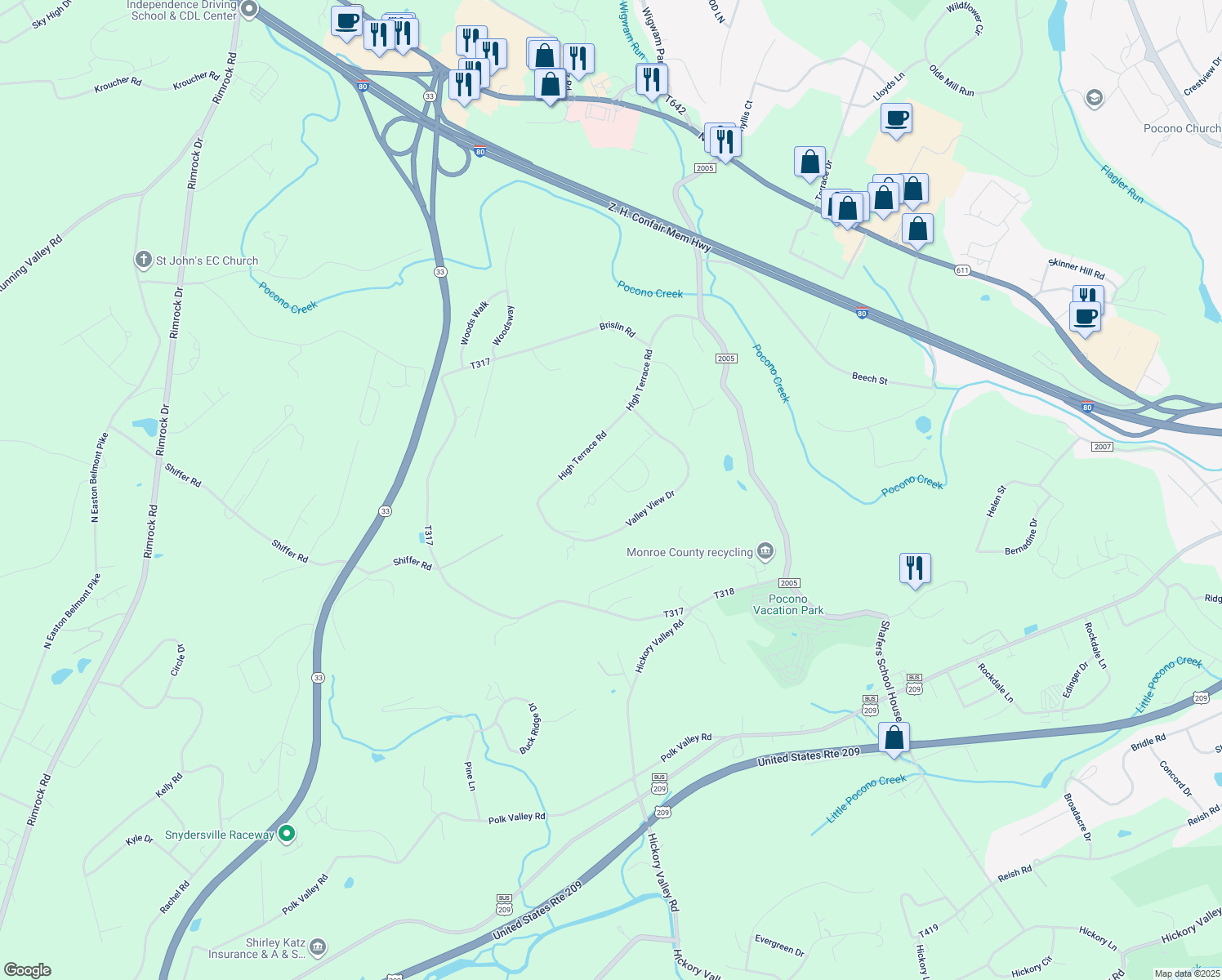 map of restaurants, bars, coffee shops, grocery stores, and more near 151 R Pope Road in Stroudsburg