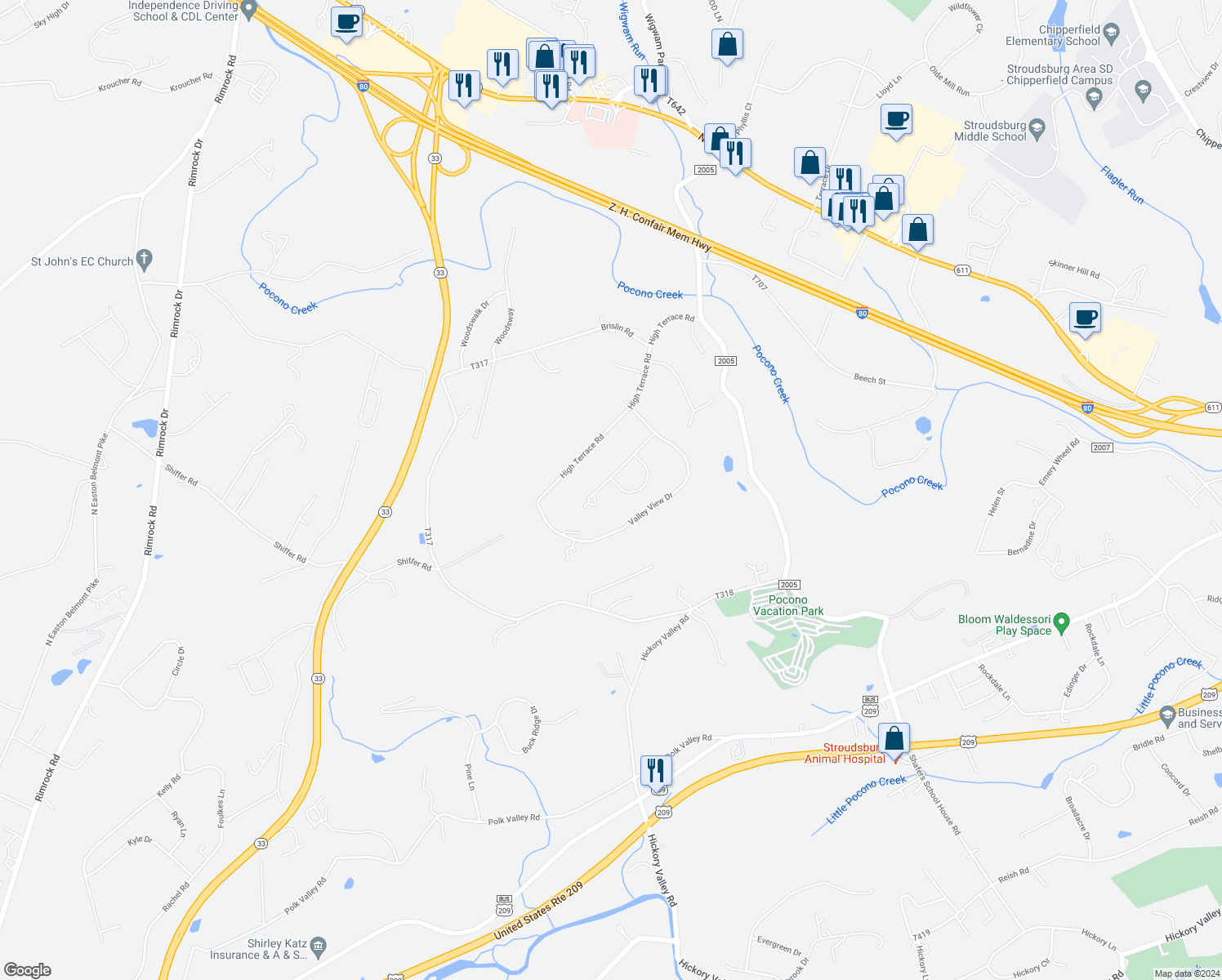 map of restaurants, bars, coffee shops, grocery stores, and more near 151 R Pope Road in Stroudsburg