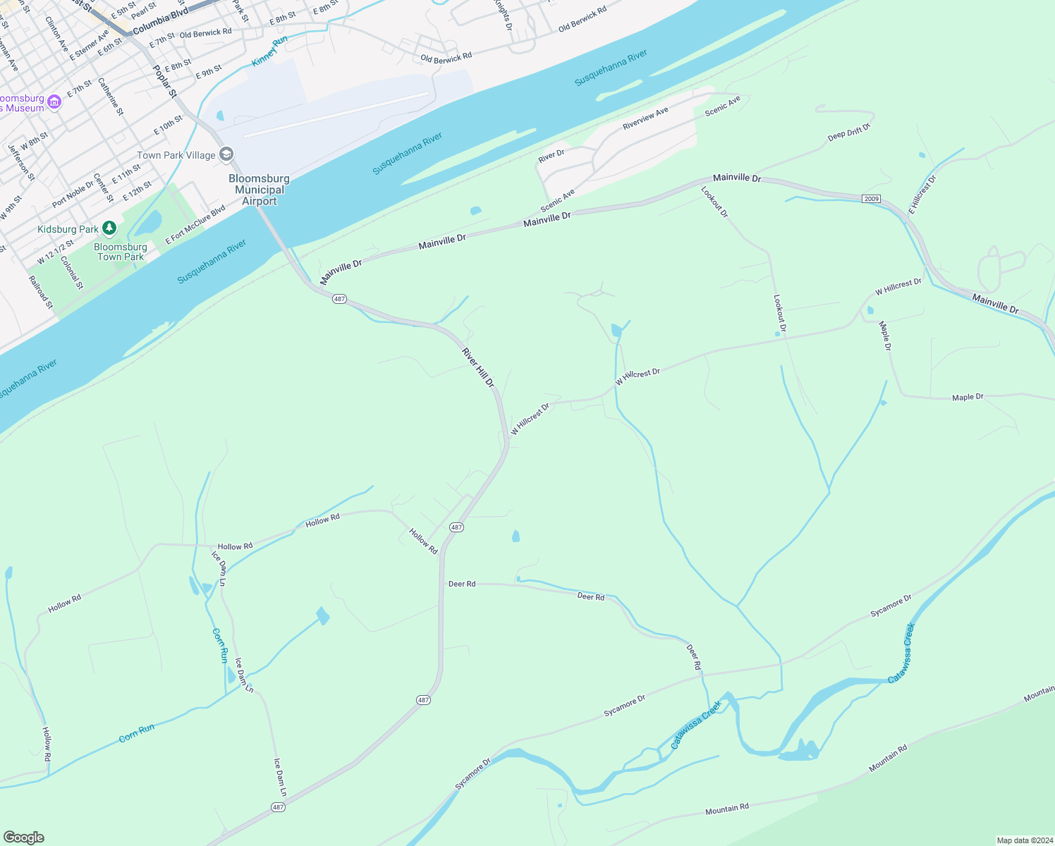 map of restaurants, bars, coffee shops, grocery stores, and more near 2-98 West Hillcrest Drive in Bloomsburg