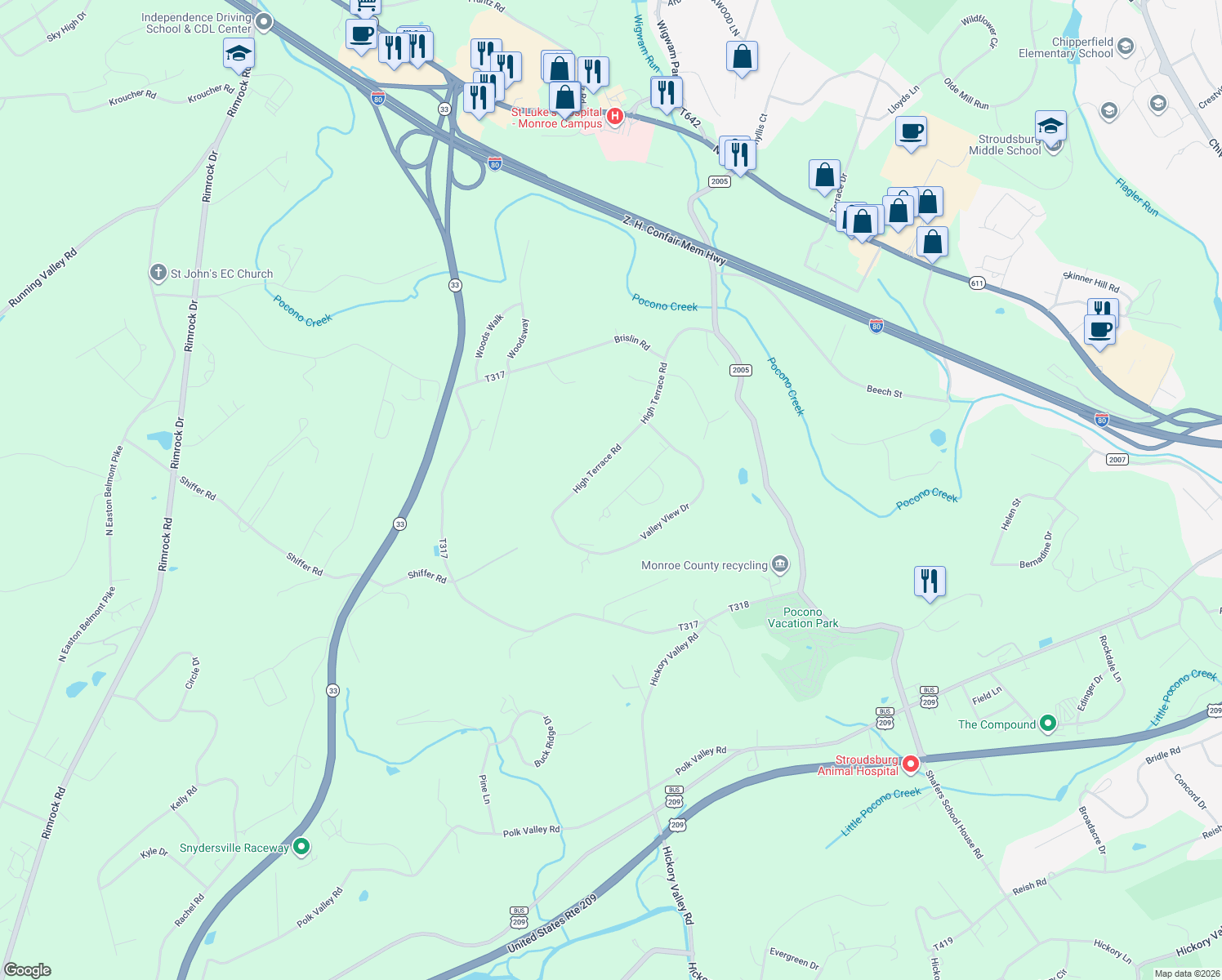 map of restaurants, bars, coffee shops, grocery stores, and more near 5101-5123 High Terrace Rd in Stroudsburg