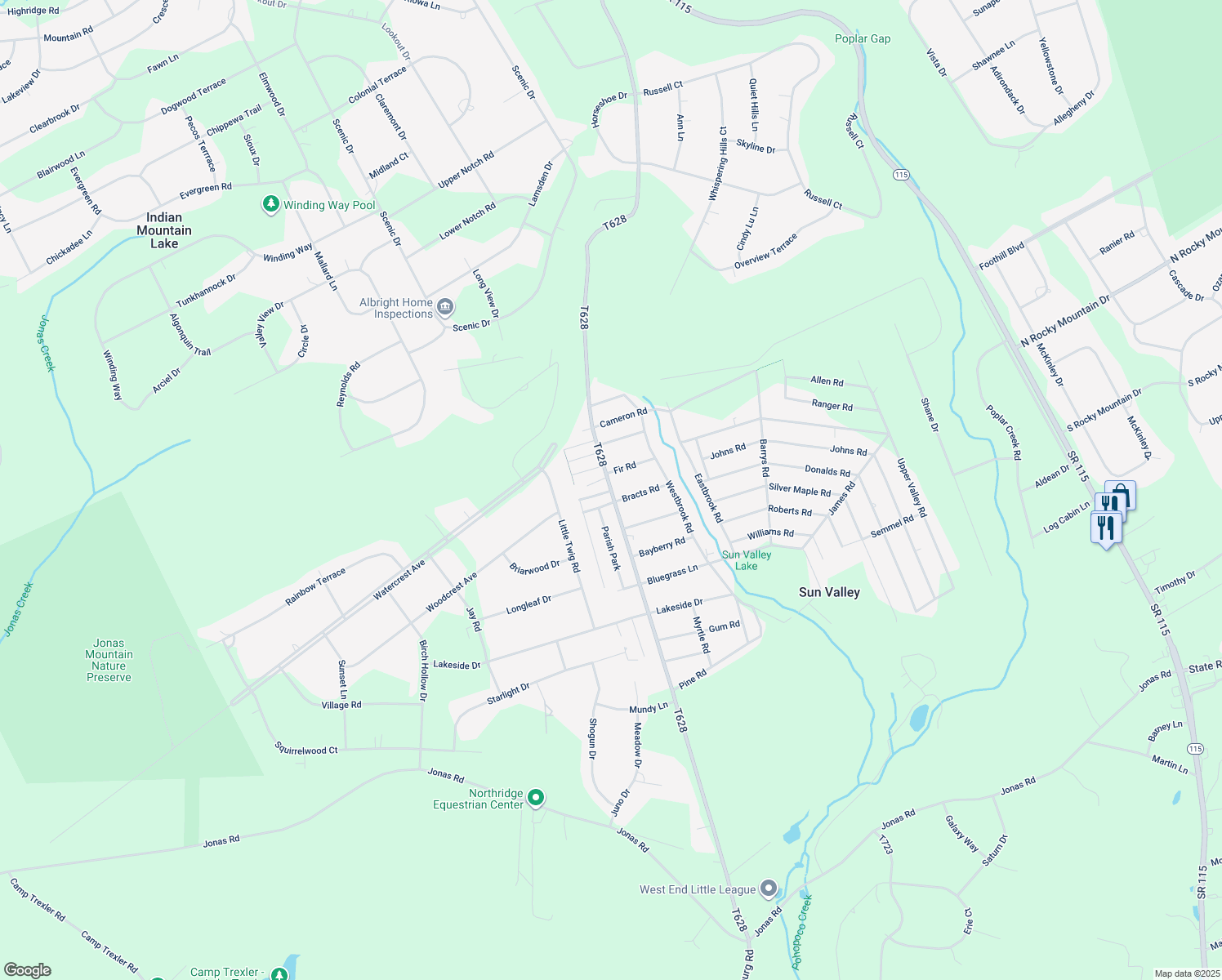map of restaurants, bars, coffee shops, grocery stores, and more near Elderberry Lane in Effort