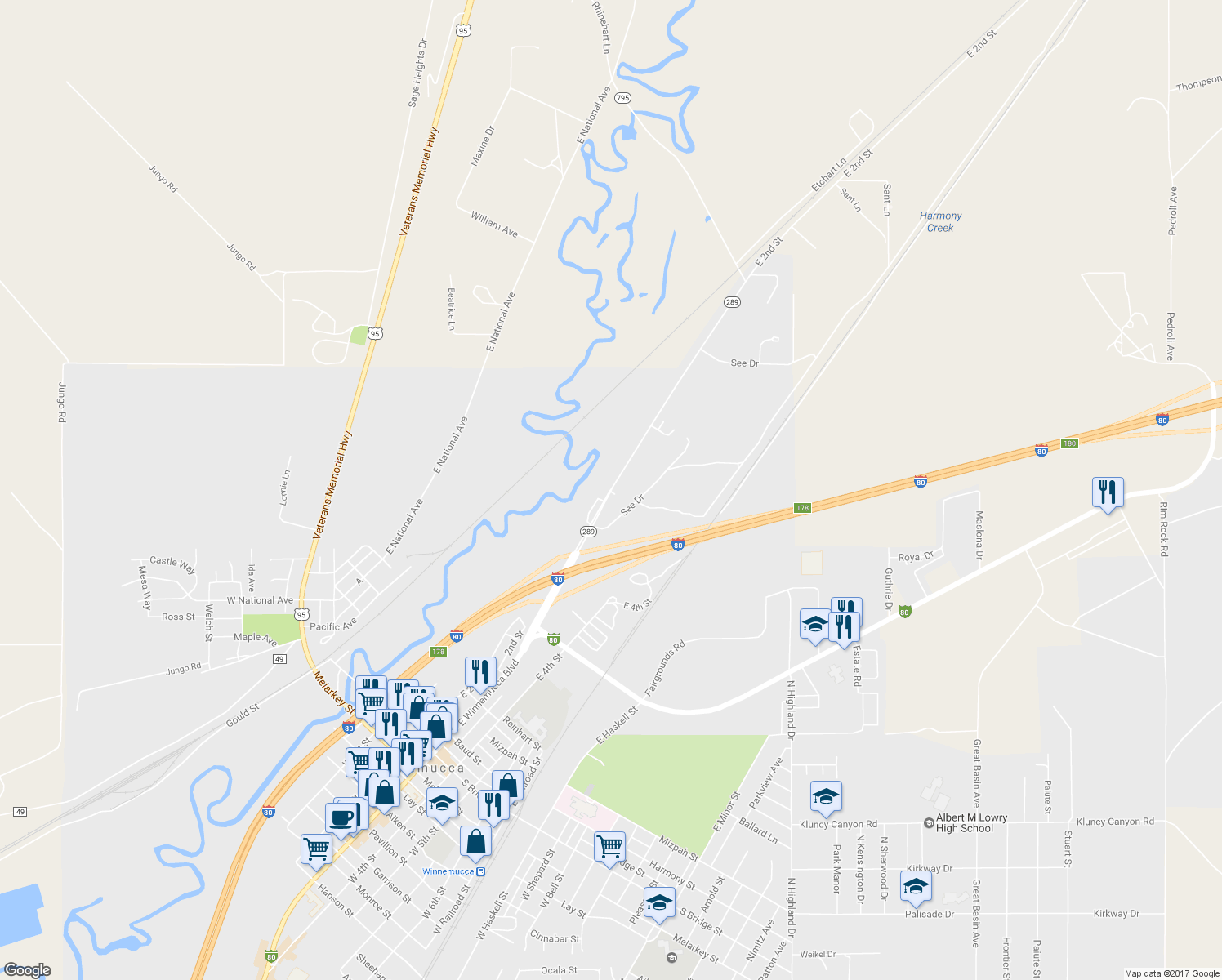 map of restaurants, bars, coffee shops, grocery stores, and more near 1624 East 2nd Street in Winnemucca