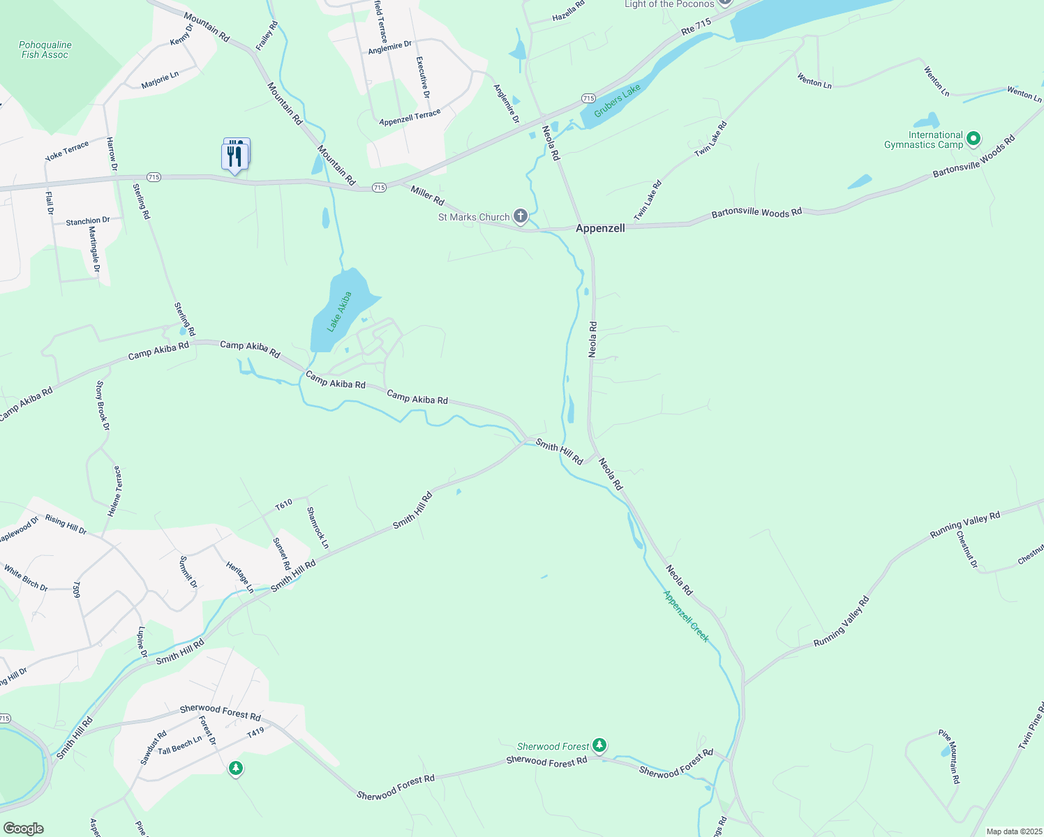 map of restaurants, bars, coffee shops, grocery stores, and more near 202 Camp Akiba Road in Stroudsburg