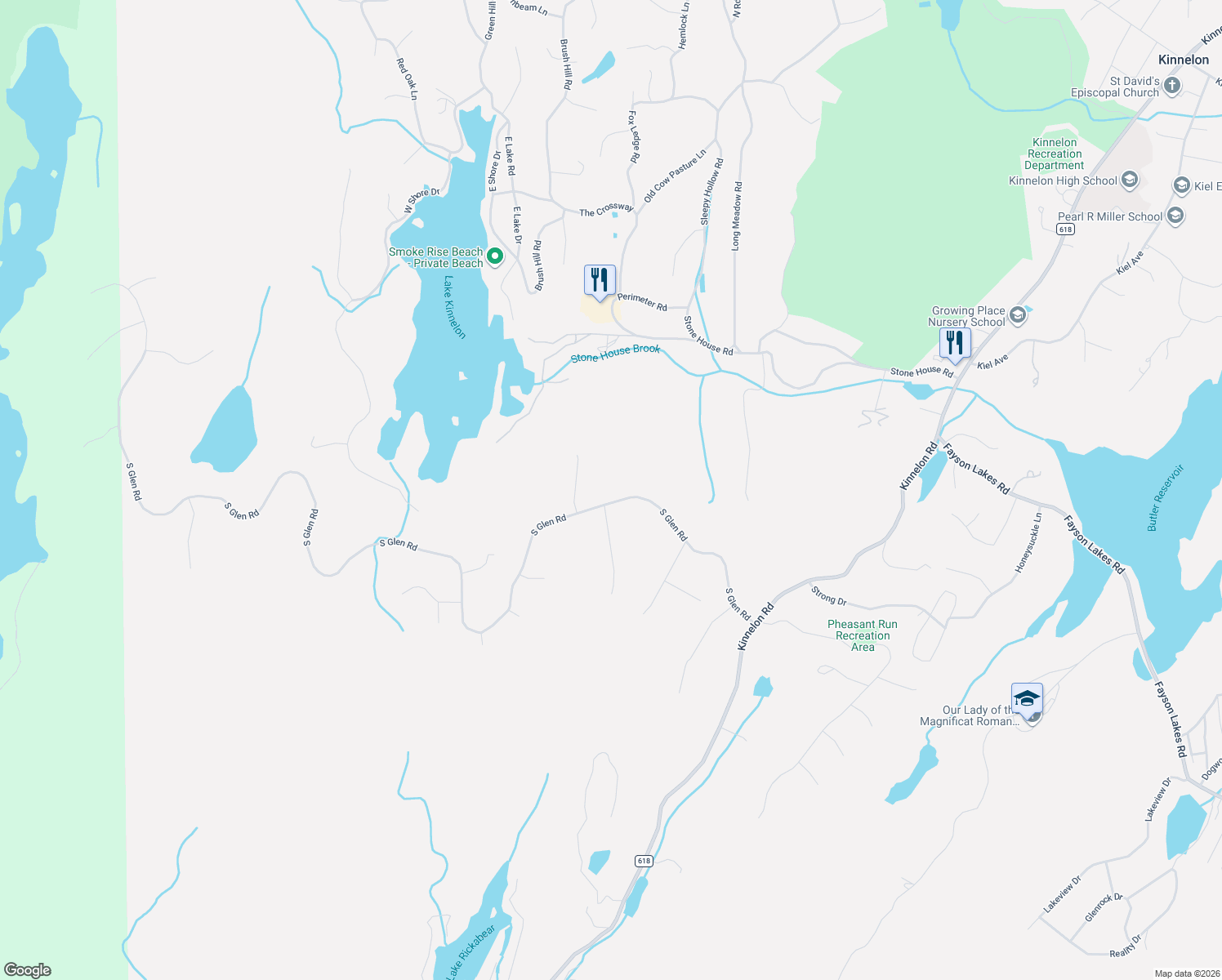map of restaurants, bars, coffee shops, grocery stores, and more near 38 South Glen Road in Kinnelon