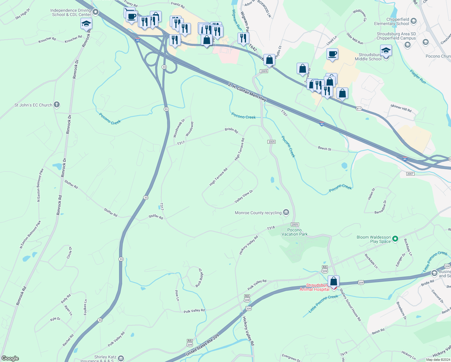 map of restaurants, bars, coffee shops, grocery stores, and more near in Stroudsburg