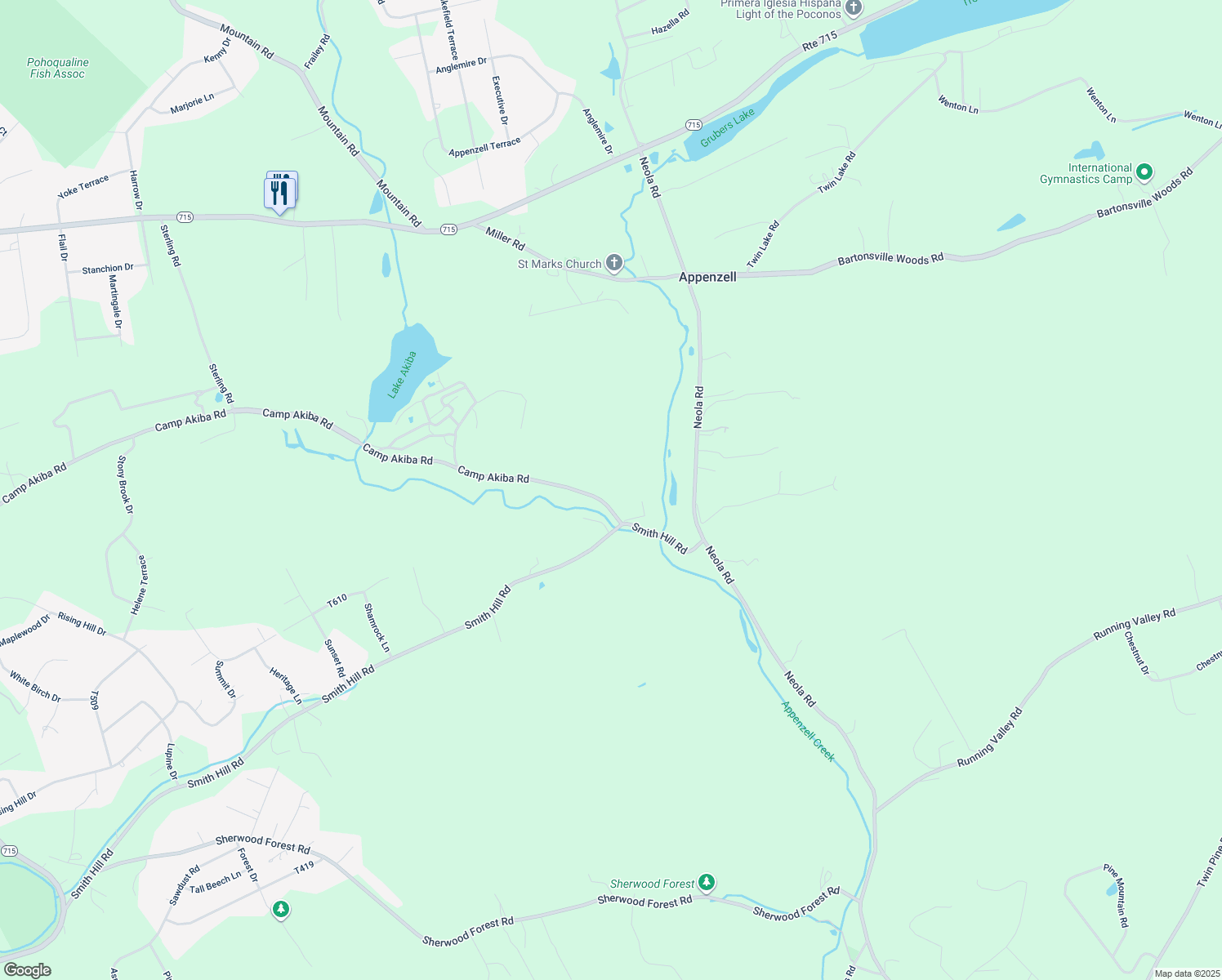 map of restaurants, bars, coffee shops, grocery stores, and more near 202 Camp Akiba Road in Stroudsburg