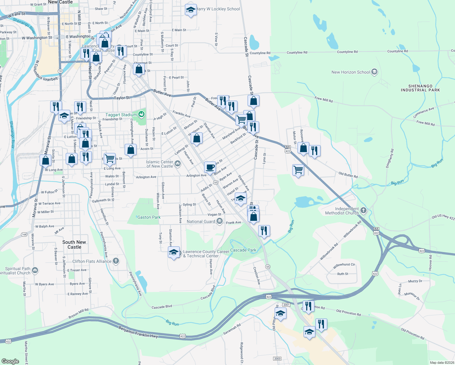 map of restaurants, bars, coffee shops, grocery stores, and more near 919 Warren Ave in New Castle