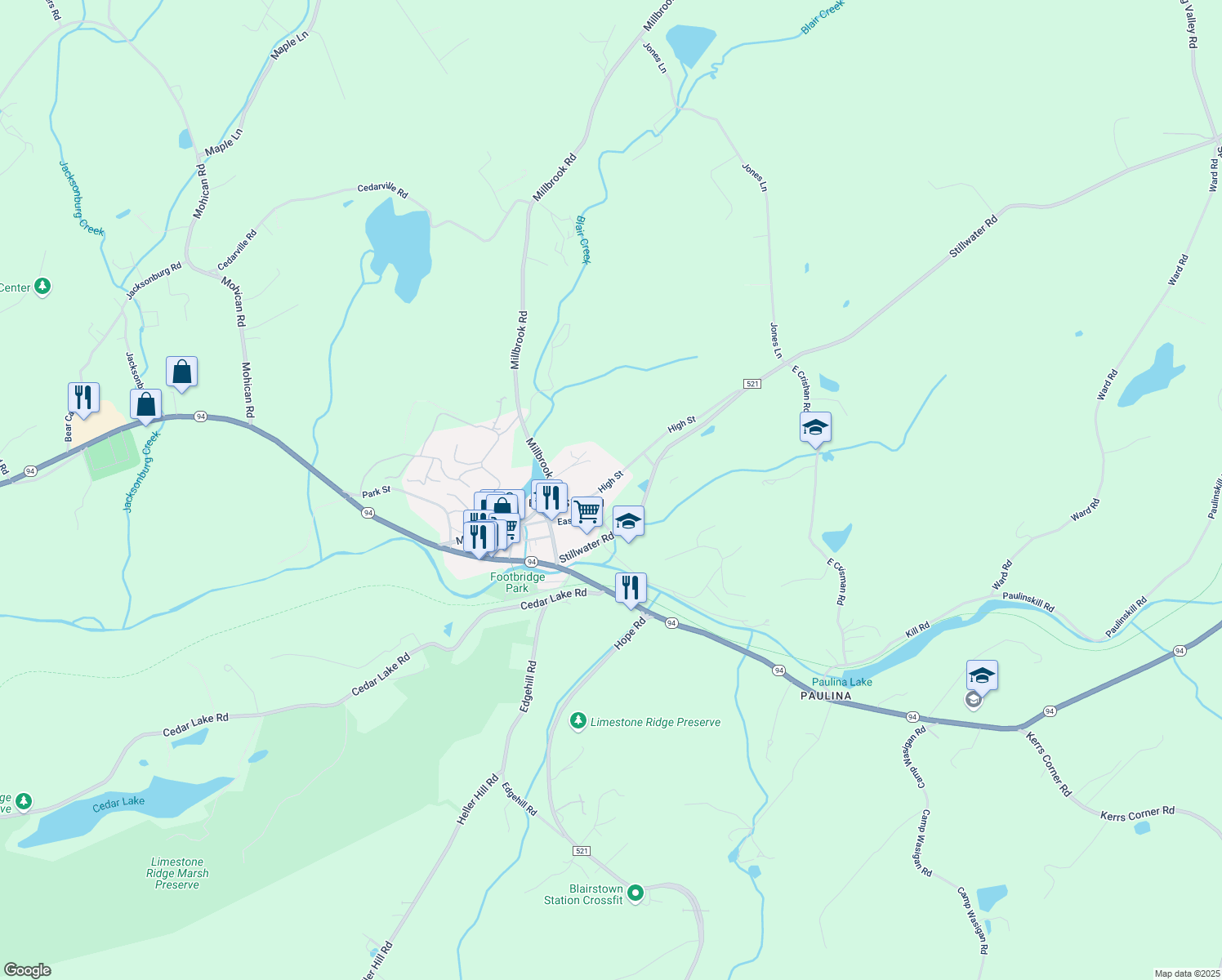 map of restaurants, bars, coffee shops, grocery stores, and more near 25 High St in Blairstown