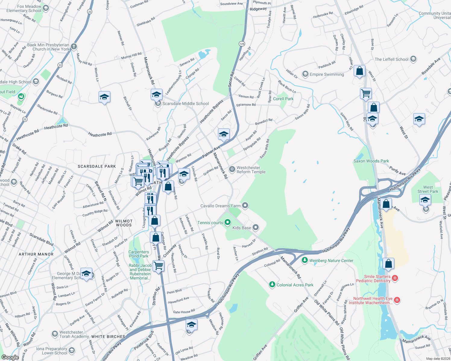 map of restaurants, bars, coffee shops, grocery stores, and more near 256 Mamaroneck Road in Scarsdale
