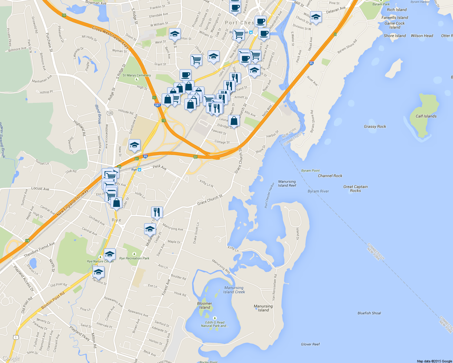 map of restaurants, bars, coffee shops, grocery stores, and more near 385 Grace Church Street in Rye