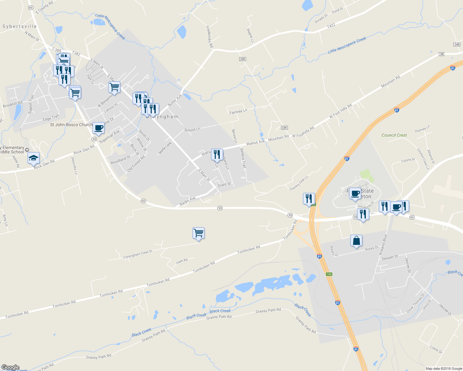 map of restaurants, bars, coffee shops, grocery stores, and more near 13 Grant St in Conyngham