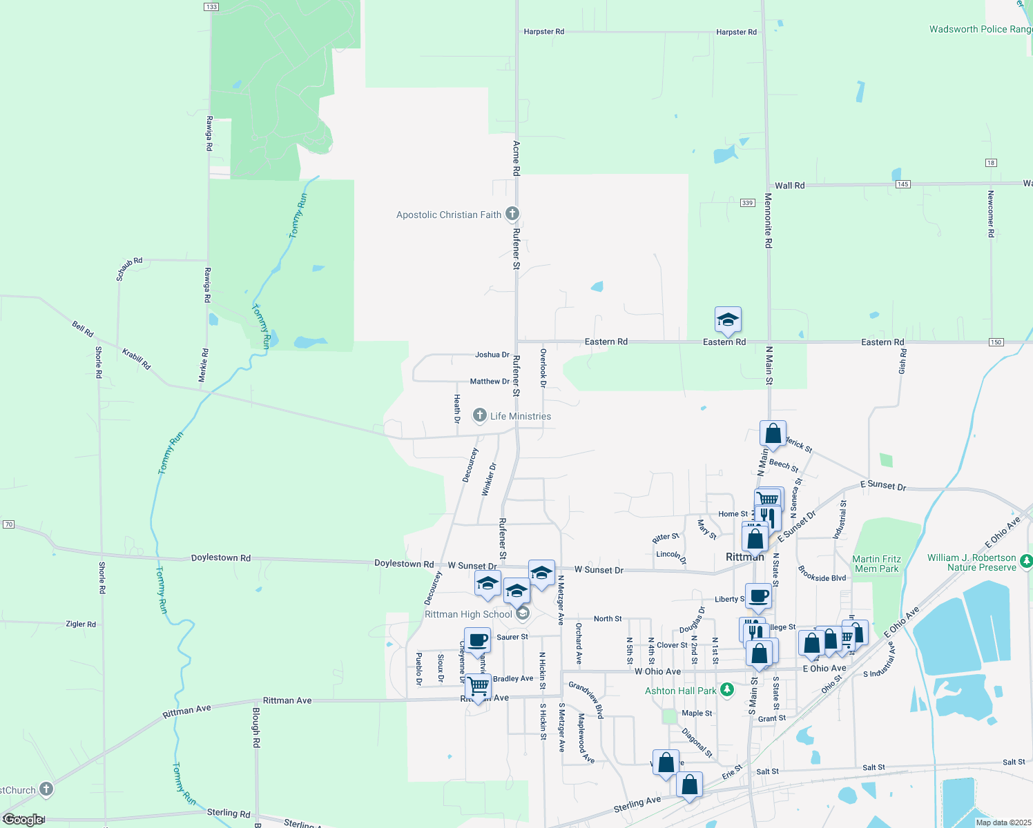 map of restaurants, bars, coffee shops, grocery stores, and more near 449 Rufener Street in Rittman