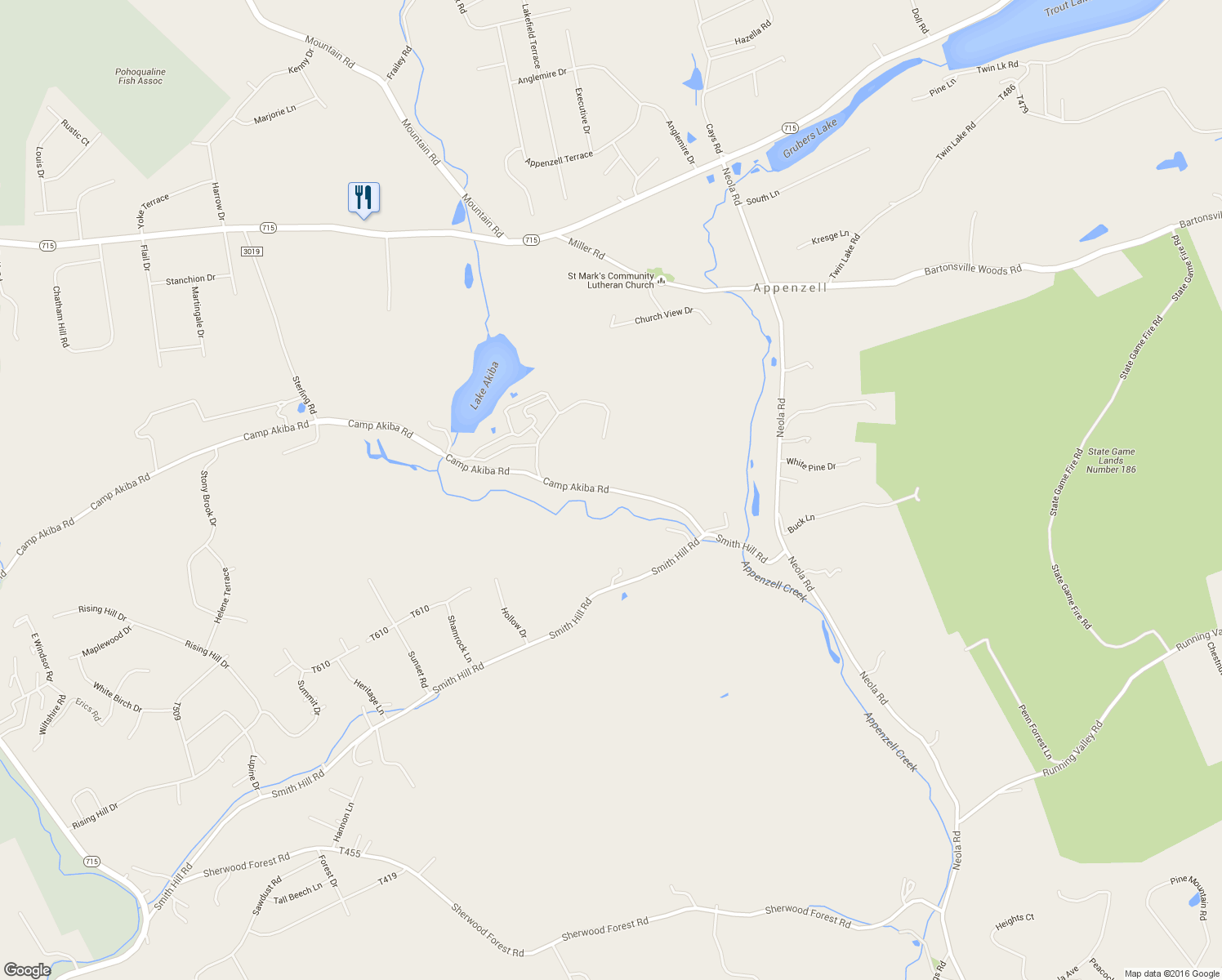 map of restaurants, bars, coffee shops, grocery stores, and more near 247 Camp Akiba Road in Stroudsburg